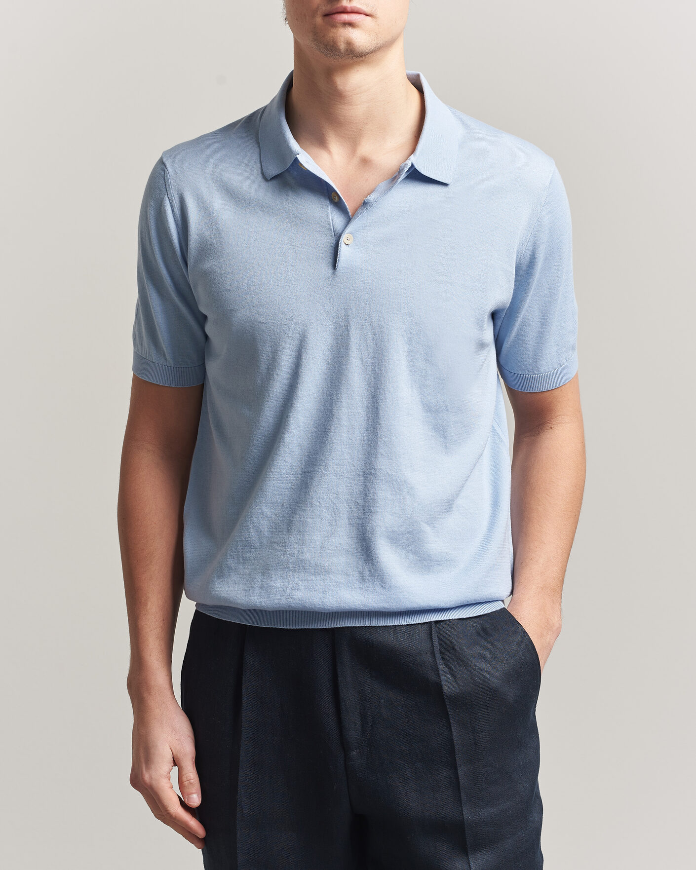 Herr | Pikéer | Piacenza Cashmere | Short Sleeve Knitted Polo Light Blue