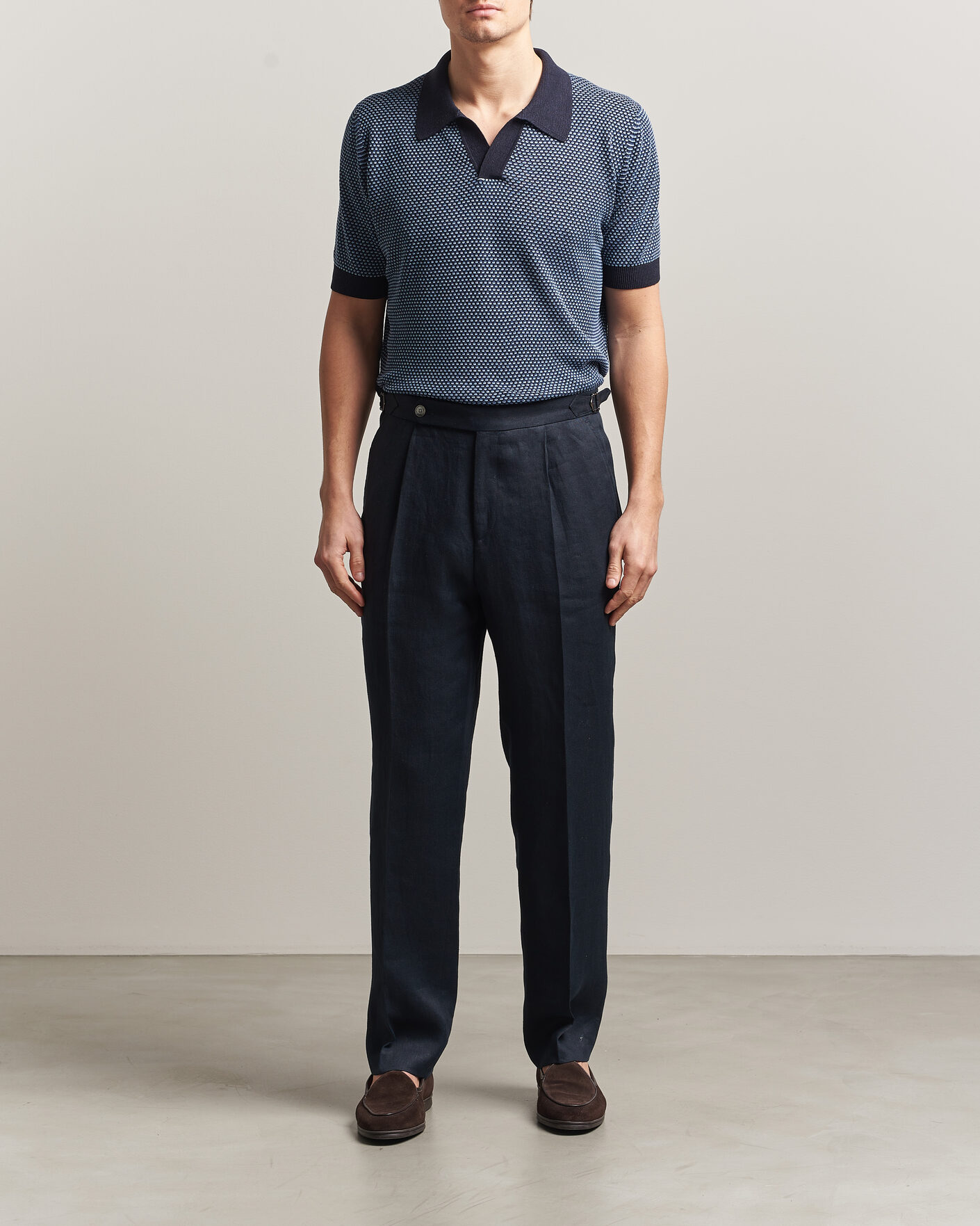 Herr | Pikéer | Piacenza Cashmere | Silk/Linen Honeycomb Knitted Polo Navy