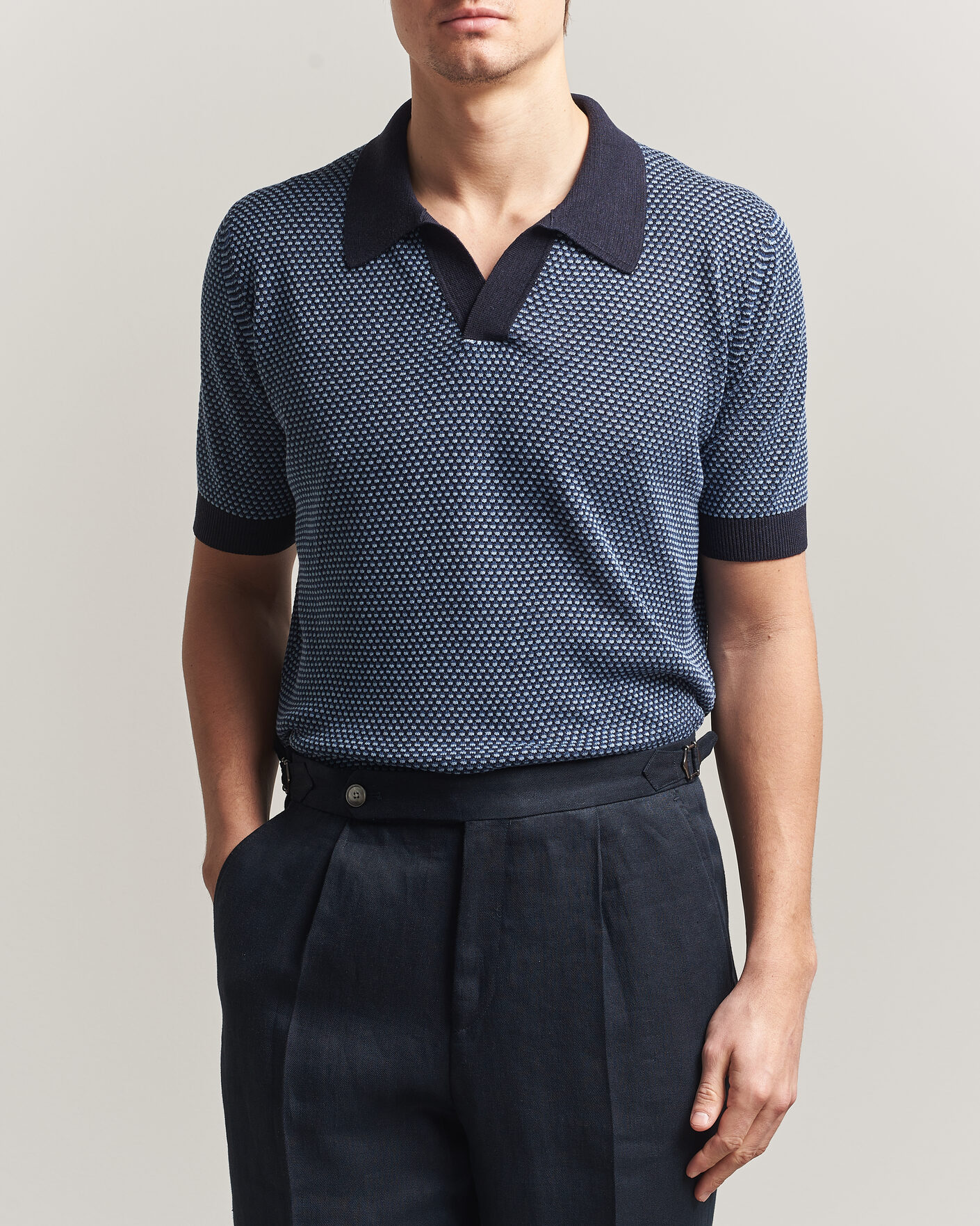 Herr | Pikéer | Piacenza Cashmere | Silk/Linen Honeycomb Knitted Polo Navy