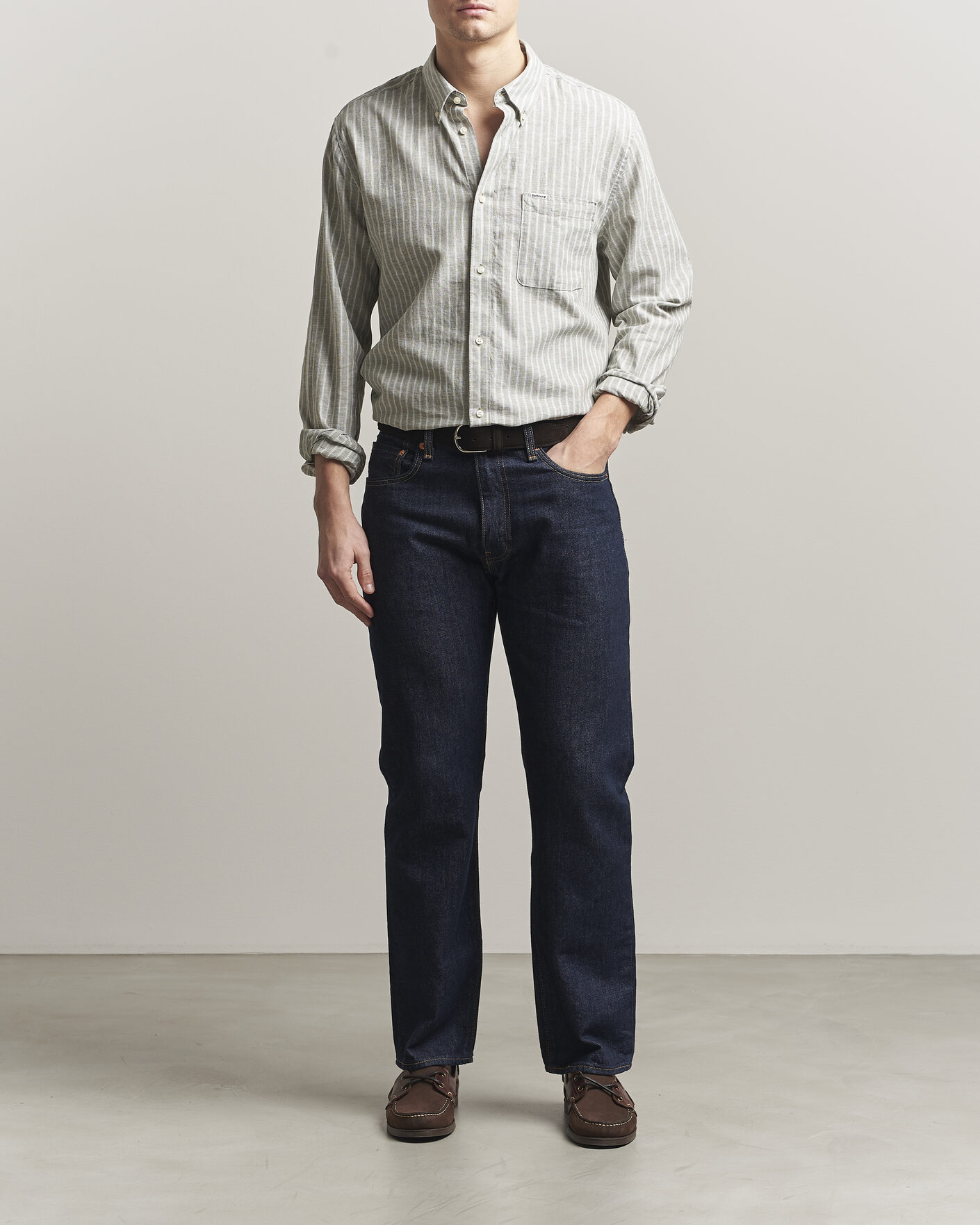 Herr | Skjortor | Barbour Lifestyle | Nelson Striped Linen/Cotton Shirt Bleached Olive