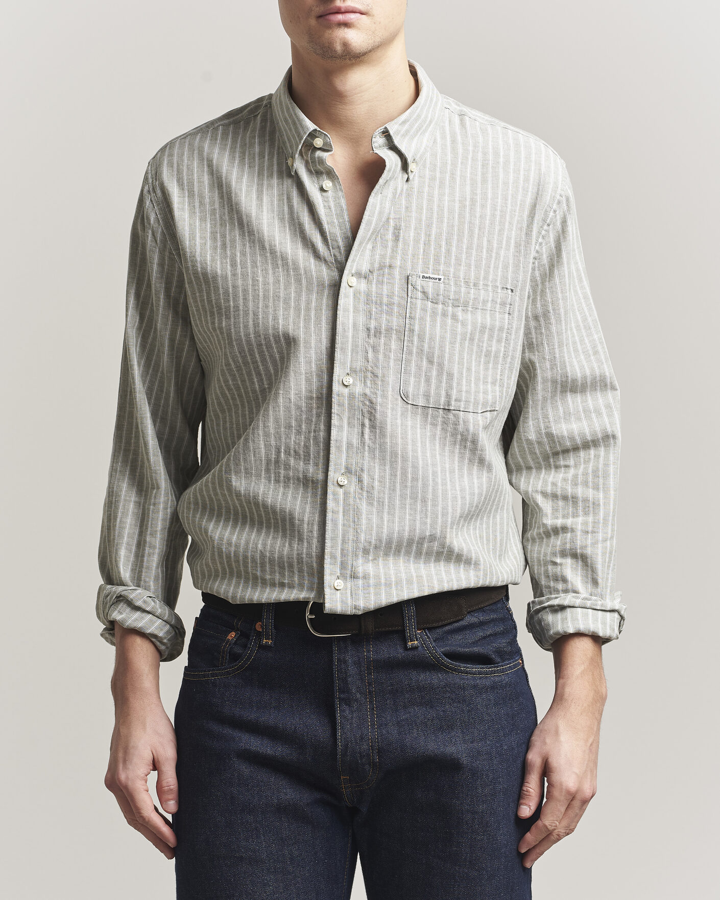 Herr | Skjortor | Barbour Lifestyle | Nelson Striped Linen/Cotton Shirt Bleached Olive