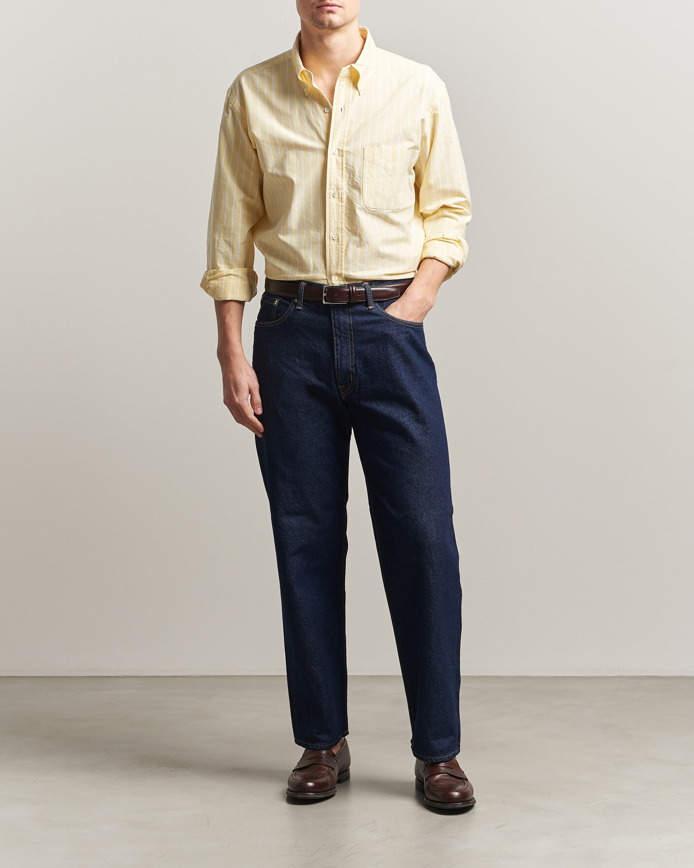 Herr | Skjortor | Kamakura Shirts | Vintage Ivy Oxford BD Shirt Yellow Blazer Stripe