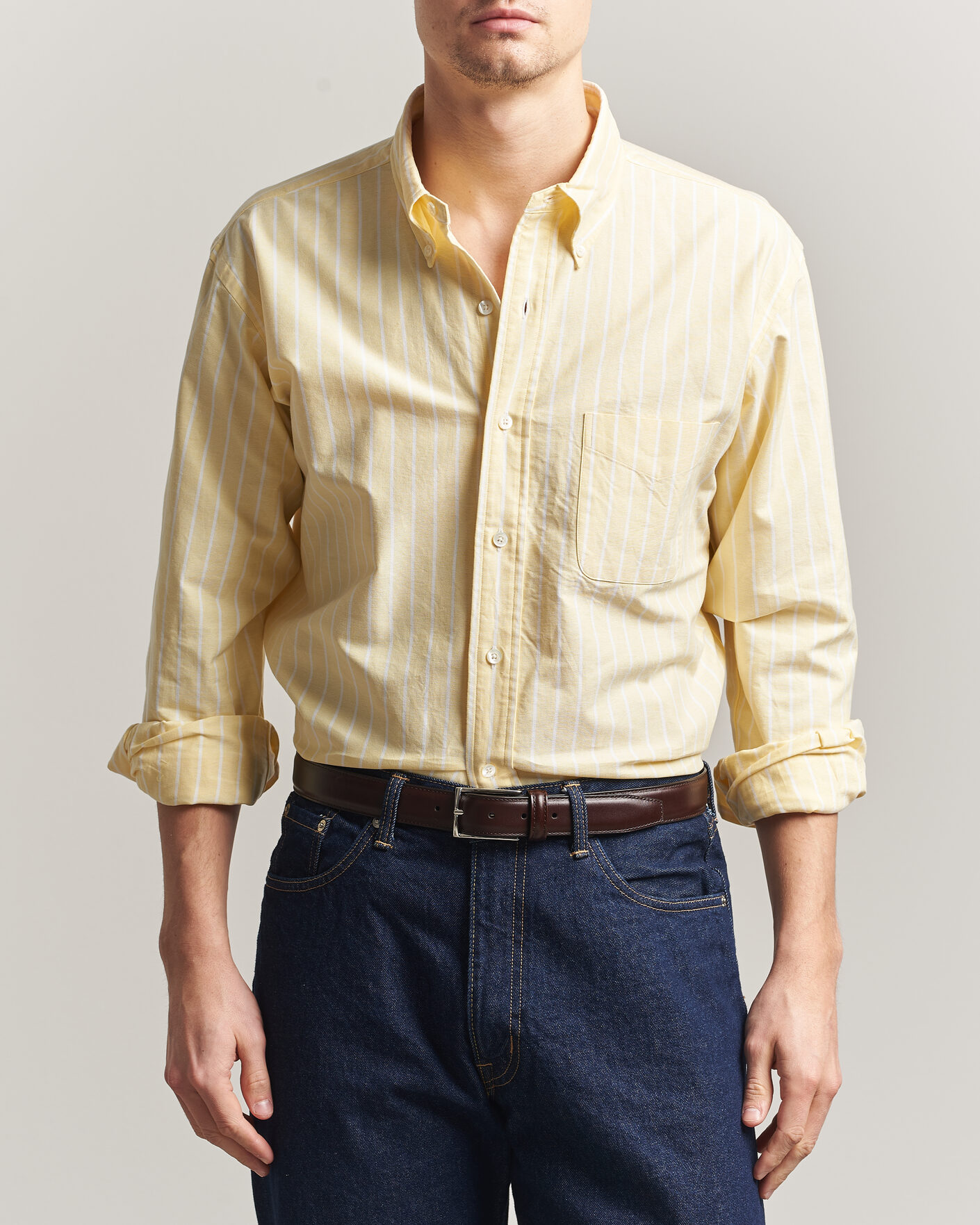 Herr | Skjortor | Kamakura Shirts | Vintage Ivy Oxford BD Shirt Yellow Blazer Stripe