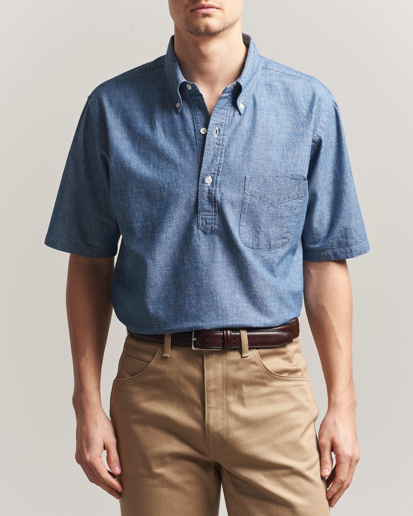 Herr | Skjortor | Kamakura Shirts | Vintage Ivy Half Sleeve Chambray Popover Blue