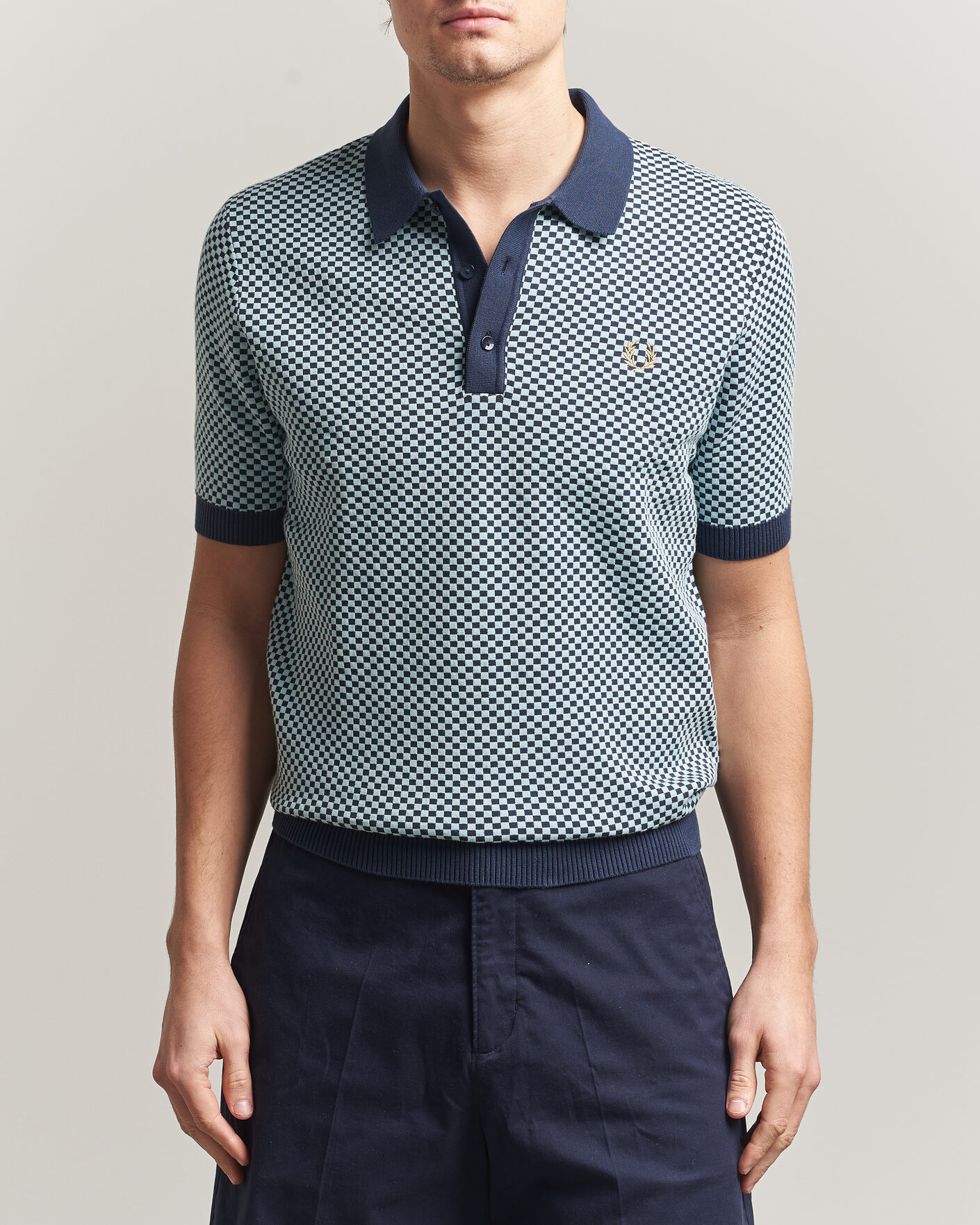 Herr | Pikéer | Fred Perry | Checkboard Knitted Polo Dark Airforce