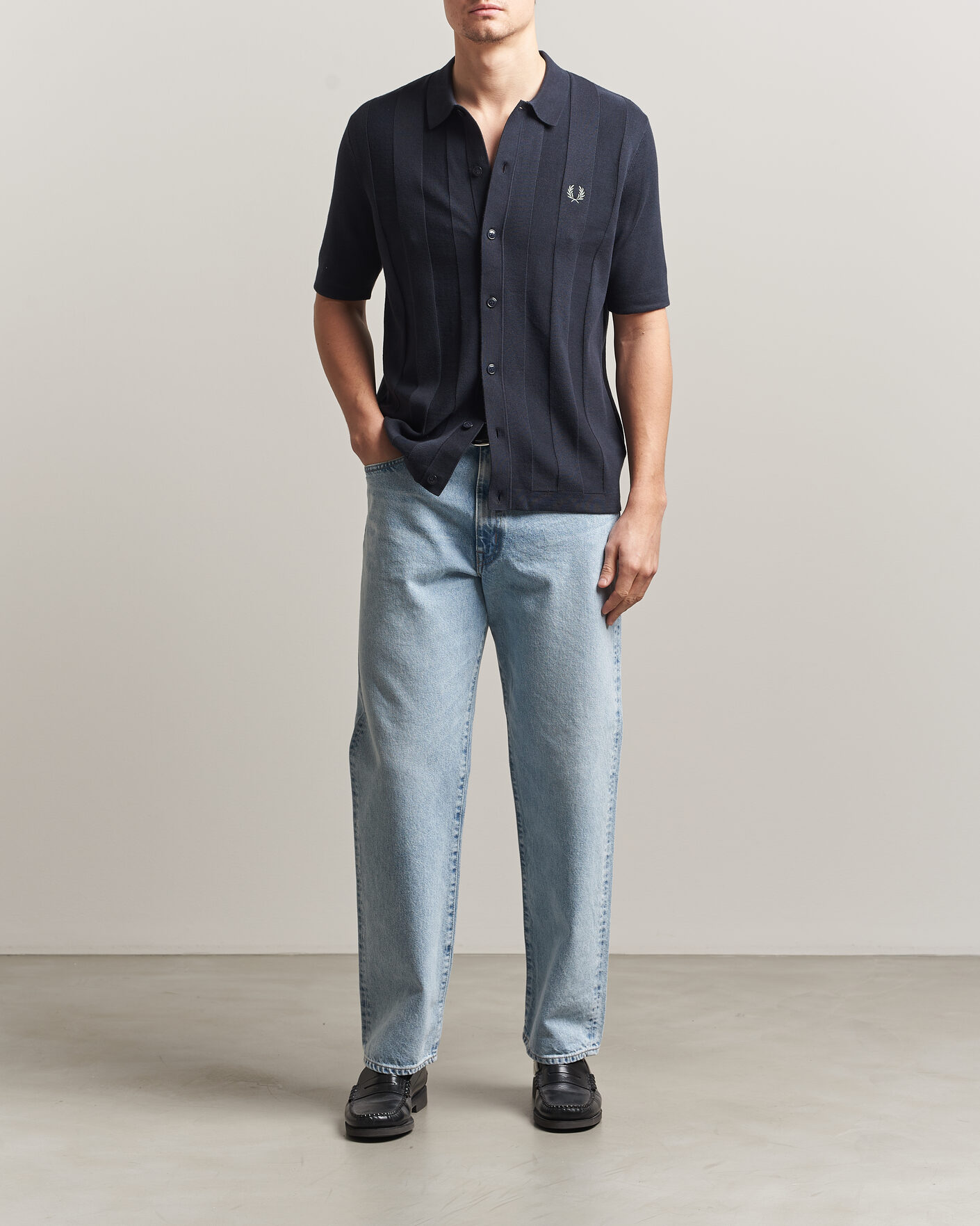 Herr | Skjortor | Fred Perry | Tonal Vertical Striped Knitted Shirt Navy