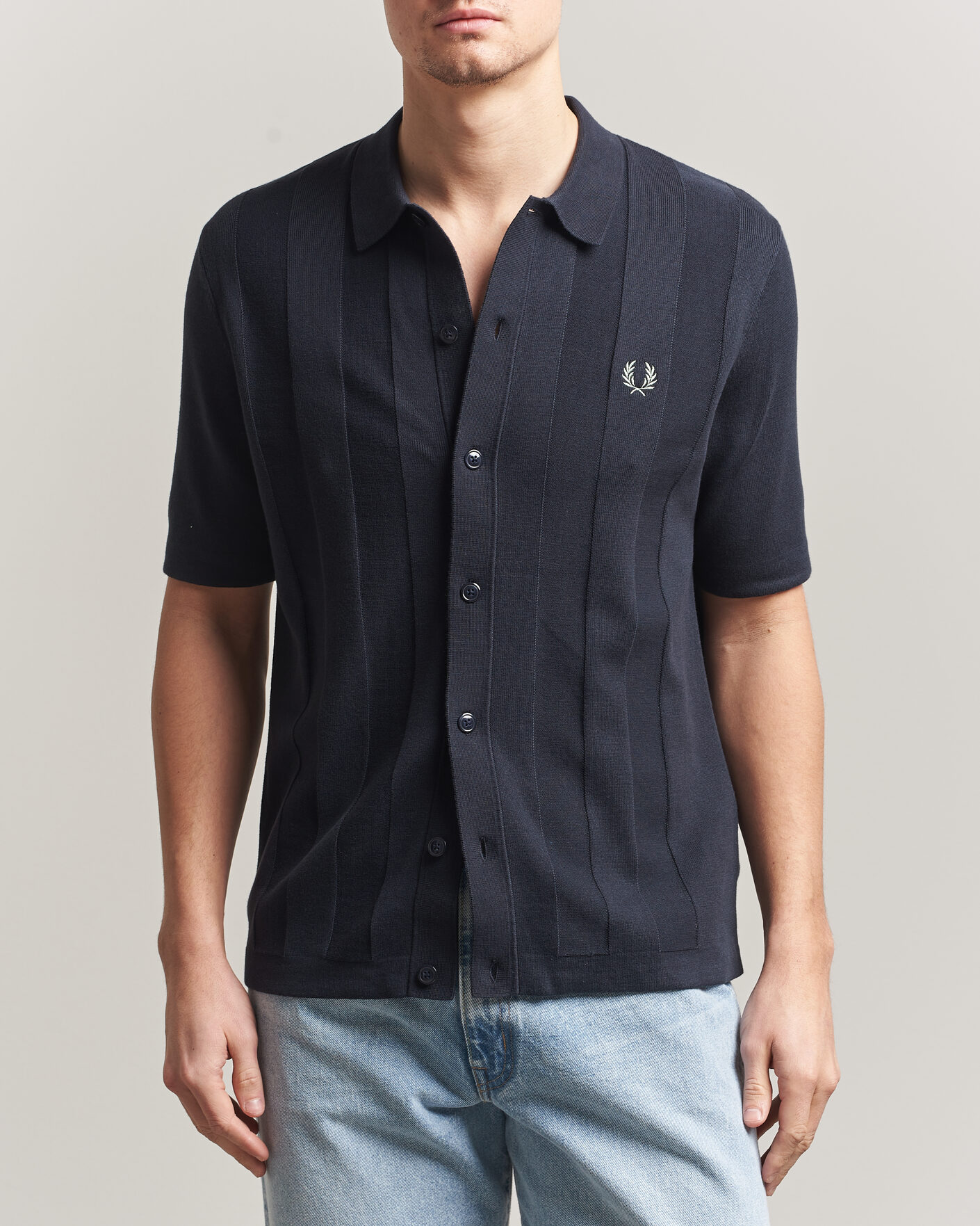 Herr | Skjortor | Fred Perry | Tonal Vertical Striped Knitted Shirt Navy