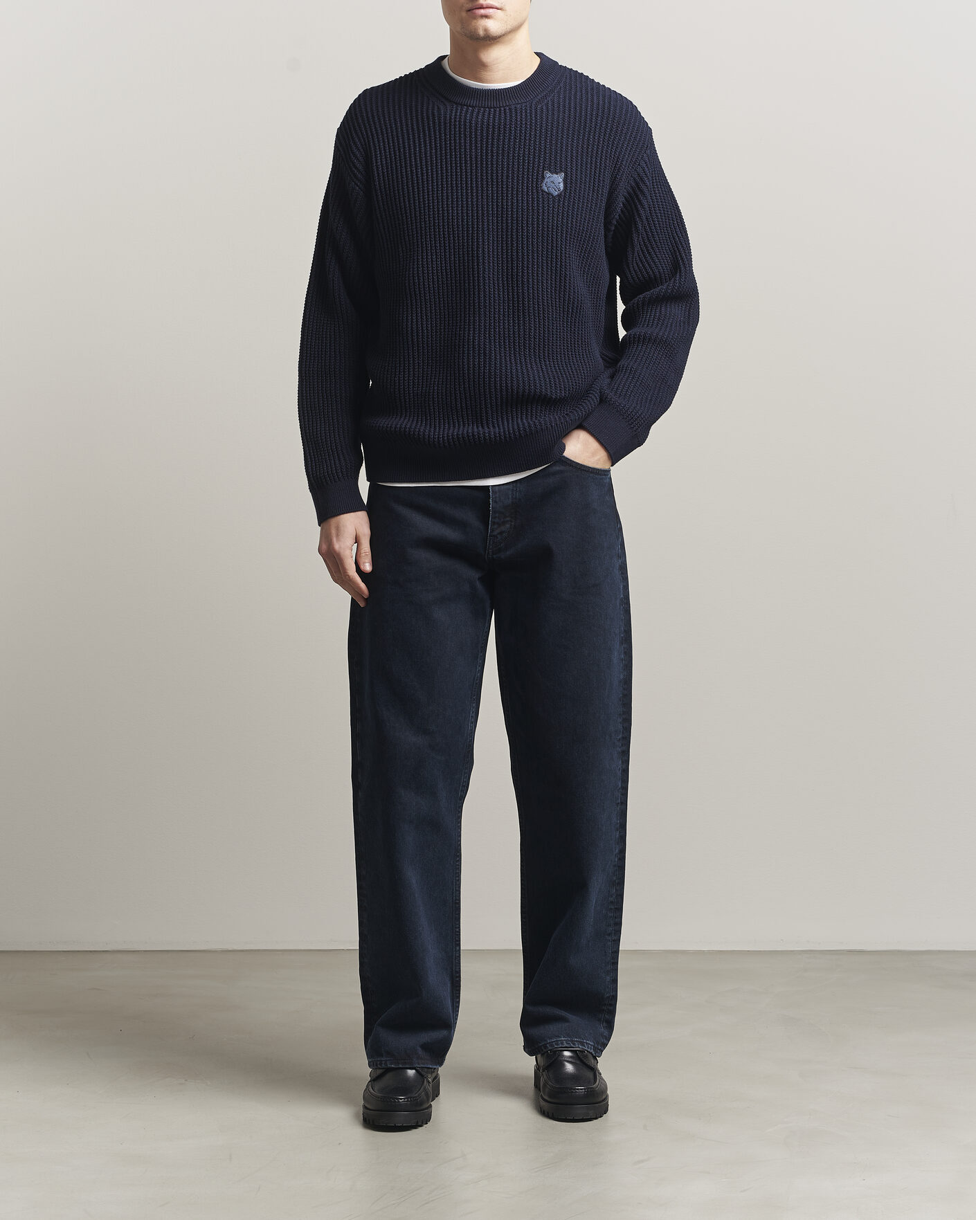 Herr | Tröjor | Maison Kitsuné | Tonal Fox Head Rib Knitted Sweater Navy