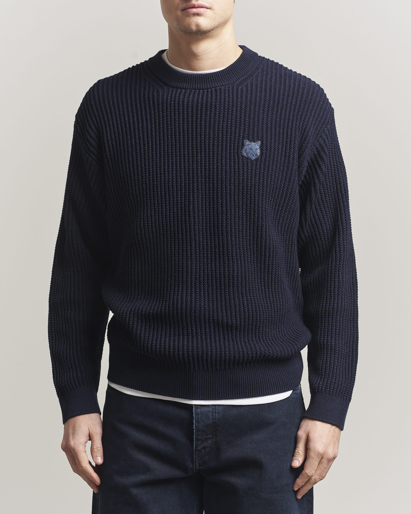 Herr | Tröjor | Maison Kitsuné | Tonal Fox Head Rib Knitted Sweater Navy