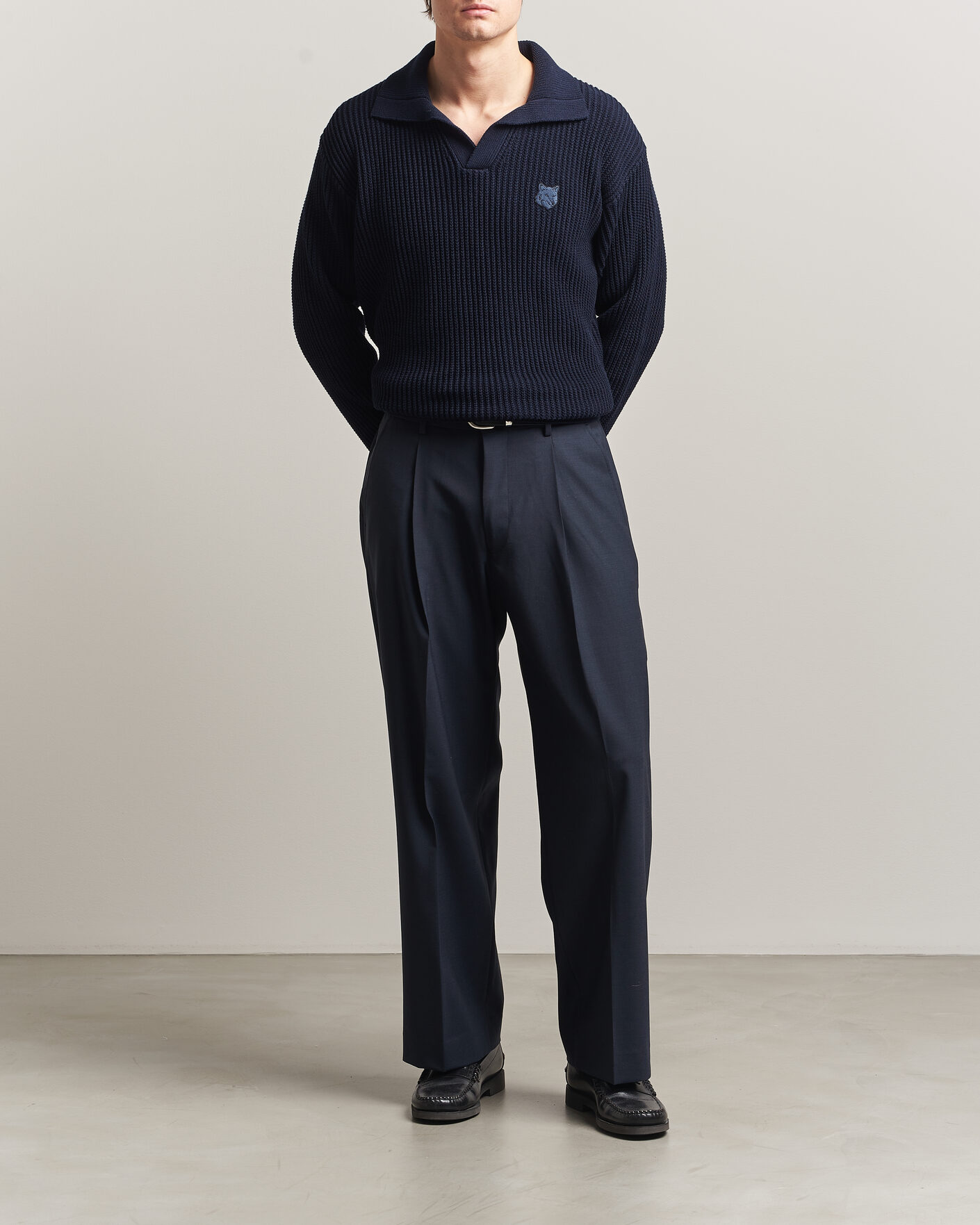 Herr | Pikéer | Maison Kitsuné | Tonal Fox Head Rib Knitted Polo Navy