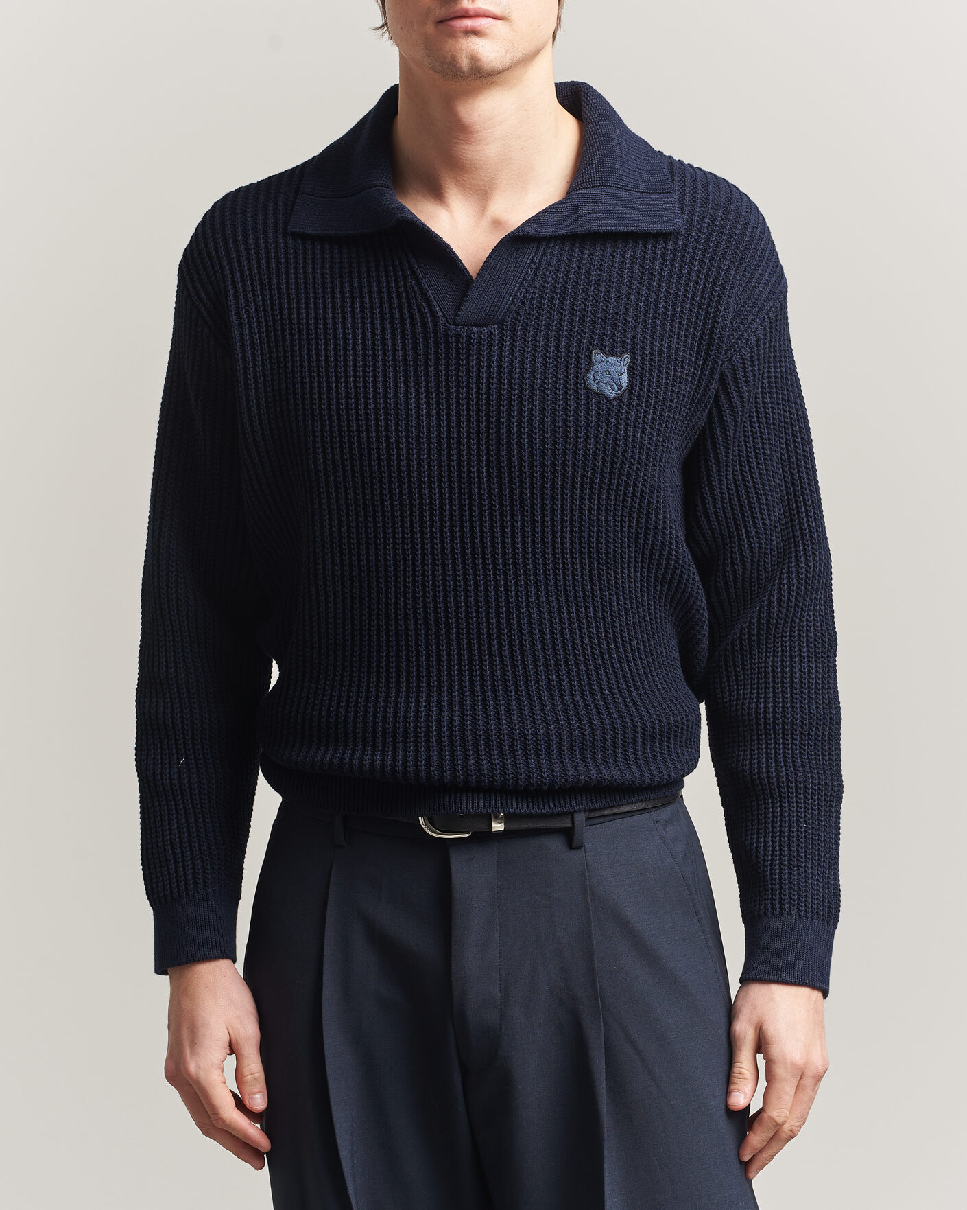 Herr | Pikéer | Maison Kitsuné | Tonal Fox Head Rib Knitted Polo Navy