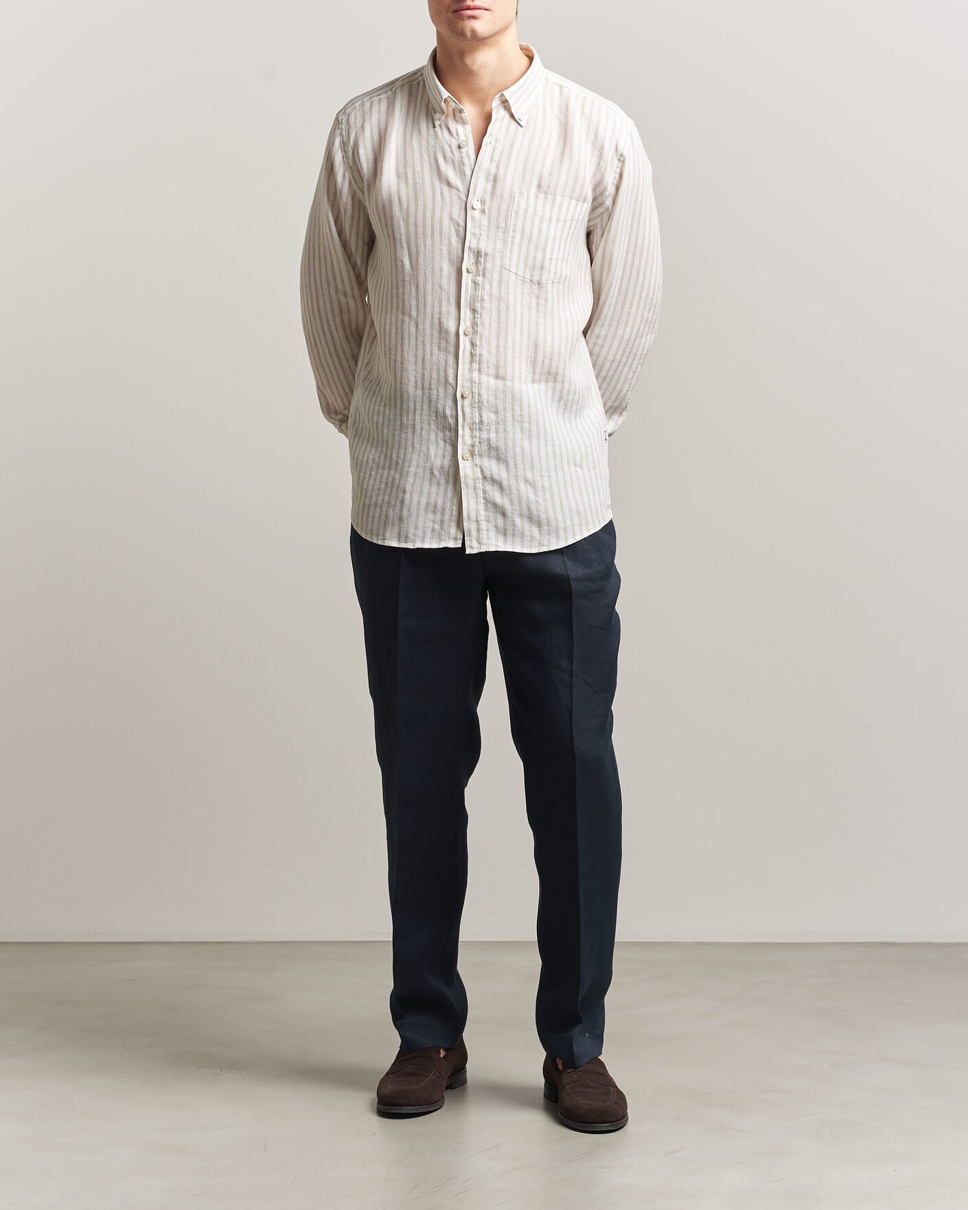 Herr | Skjortor | BOSS BLACK | Liam Striped Linen Shirt Open Beige