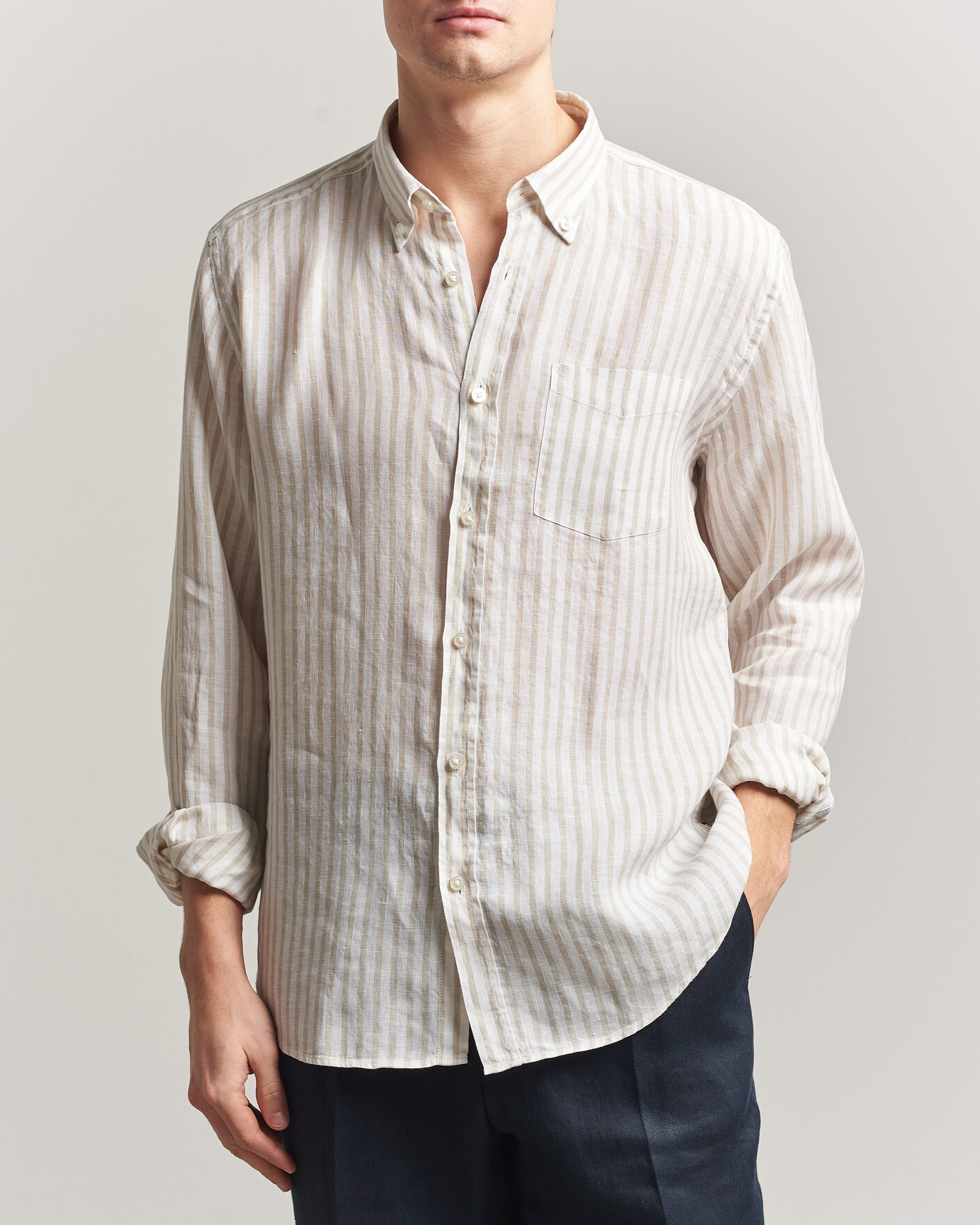 Herr | Skjortor | BOSS BLACK | Liam Striped Linen Shirt Open Beige