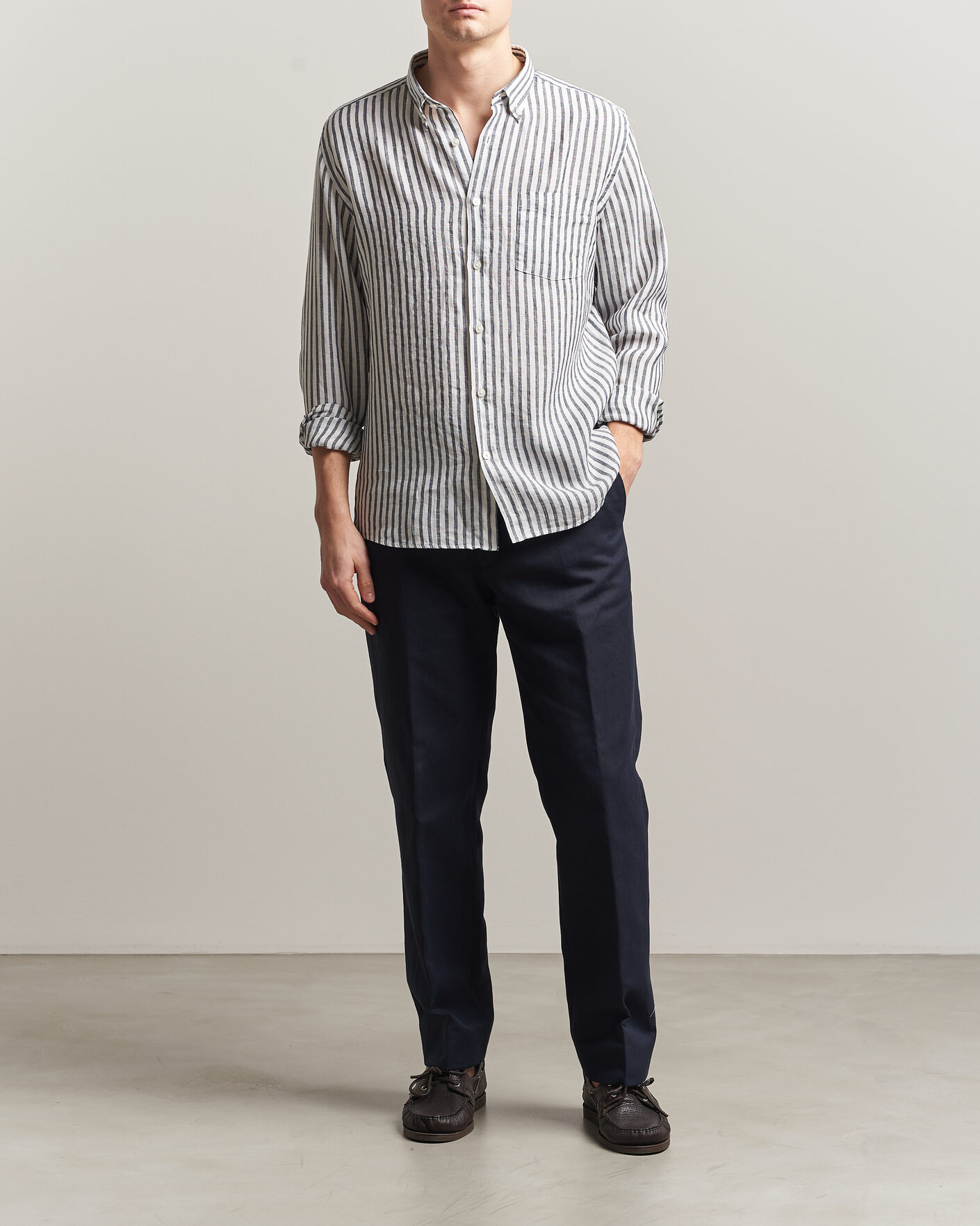 Herr | Skjortor | BOSS BLACK | Liam Striped Linen Shirt Dark Blue