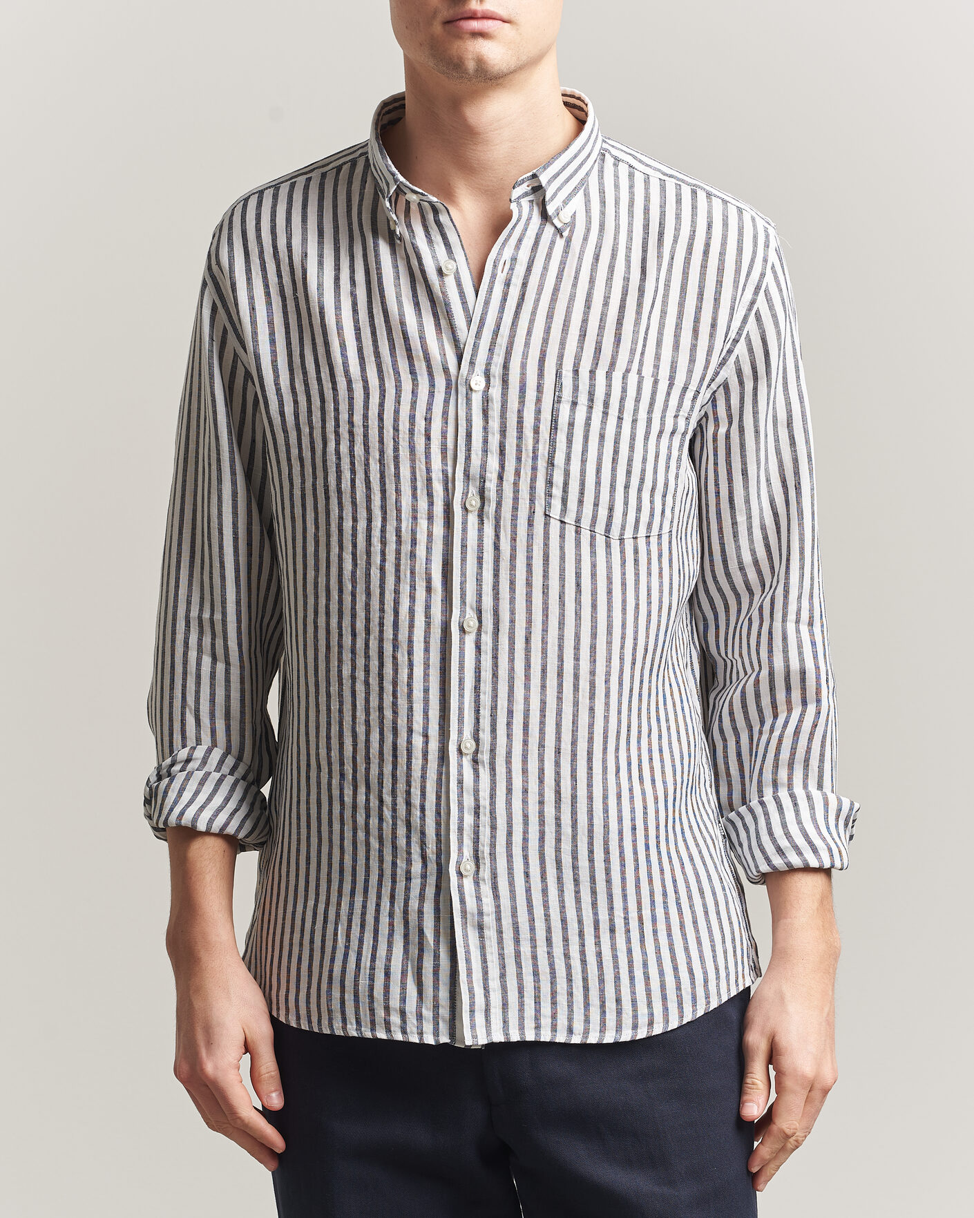 Herr | Skjortor | BOSS BLACK | Liam Striped Linen Shirt Dark Blue