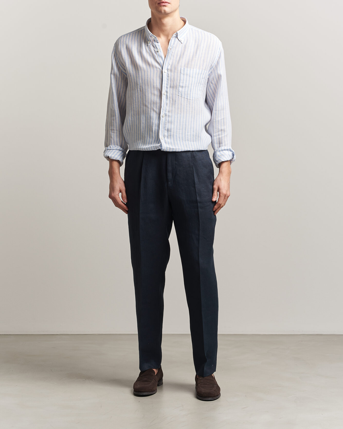 Herr | Skjortor | BOSS BLACK | Liam Striped Linen Shirt Light Blue