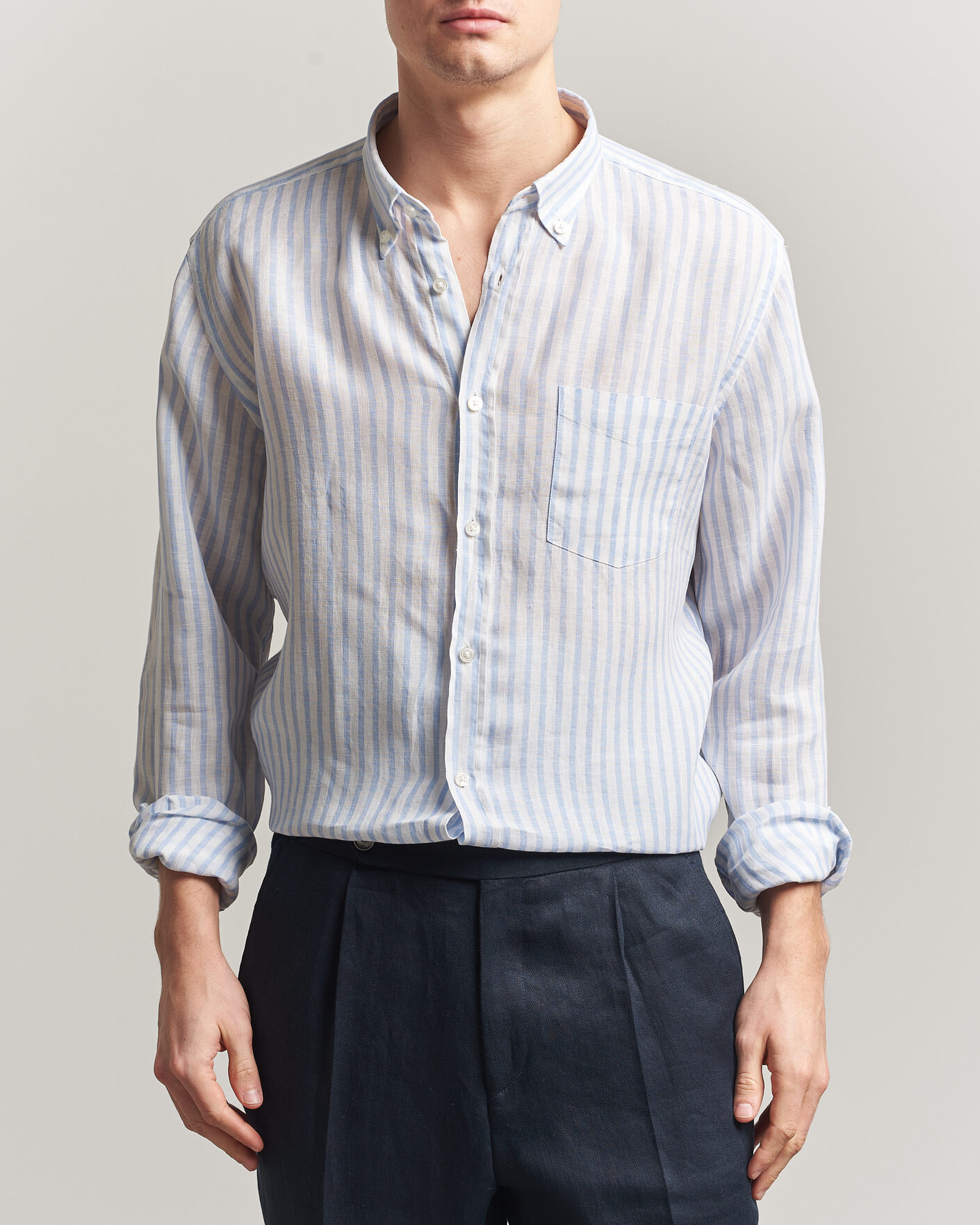 Herr | Skjortor | BOSS BLACK | Liam Striped Linen Shirt Light Blue