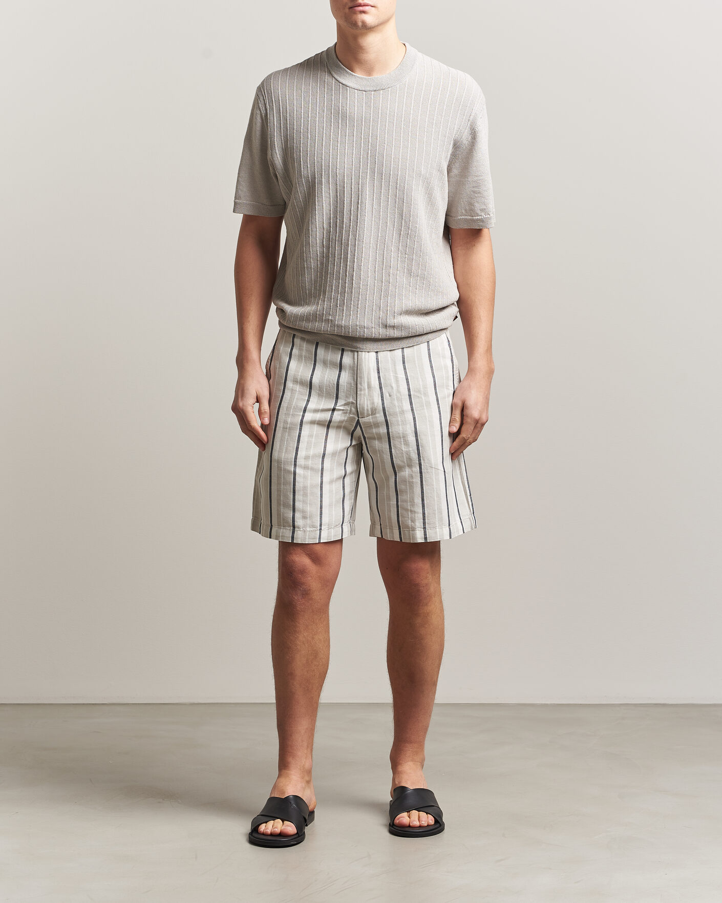 Herr | Shorts | BOSS ORANGE | Linen/Cotton Striped Drawstring Shorts Open Grey