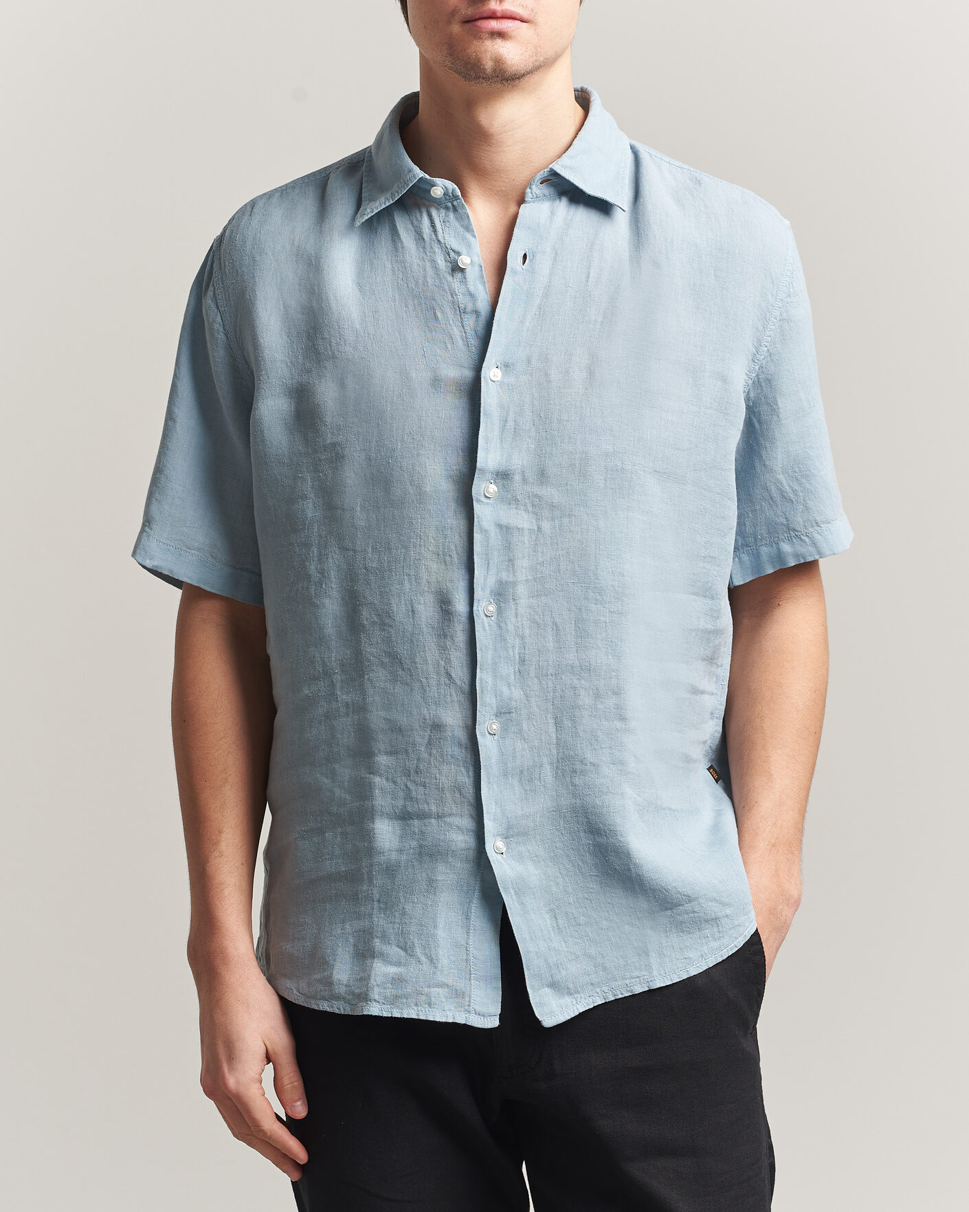 Herr | Skjortor | BOSS ORANGE | Rash Linen Short Sleeve Shirt Light Blue