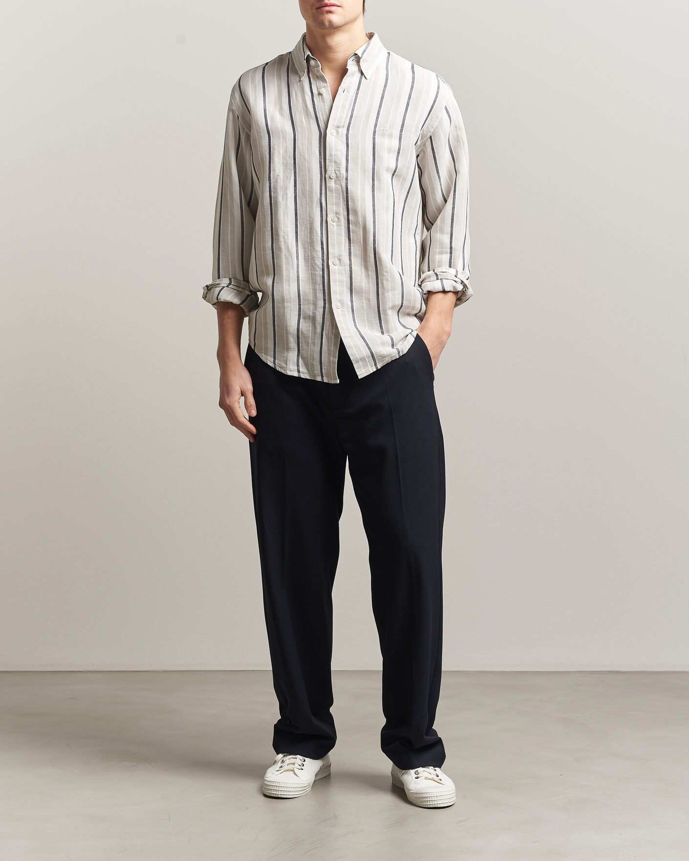 Herr | Skjortor | BOSS ORANGE | Ricoplus Linen/Cotton Striped Shirt Beige