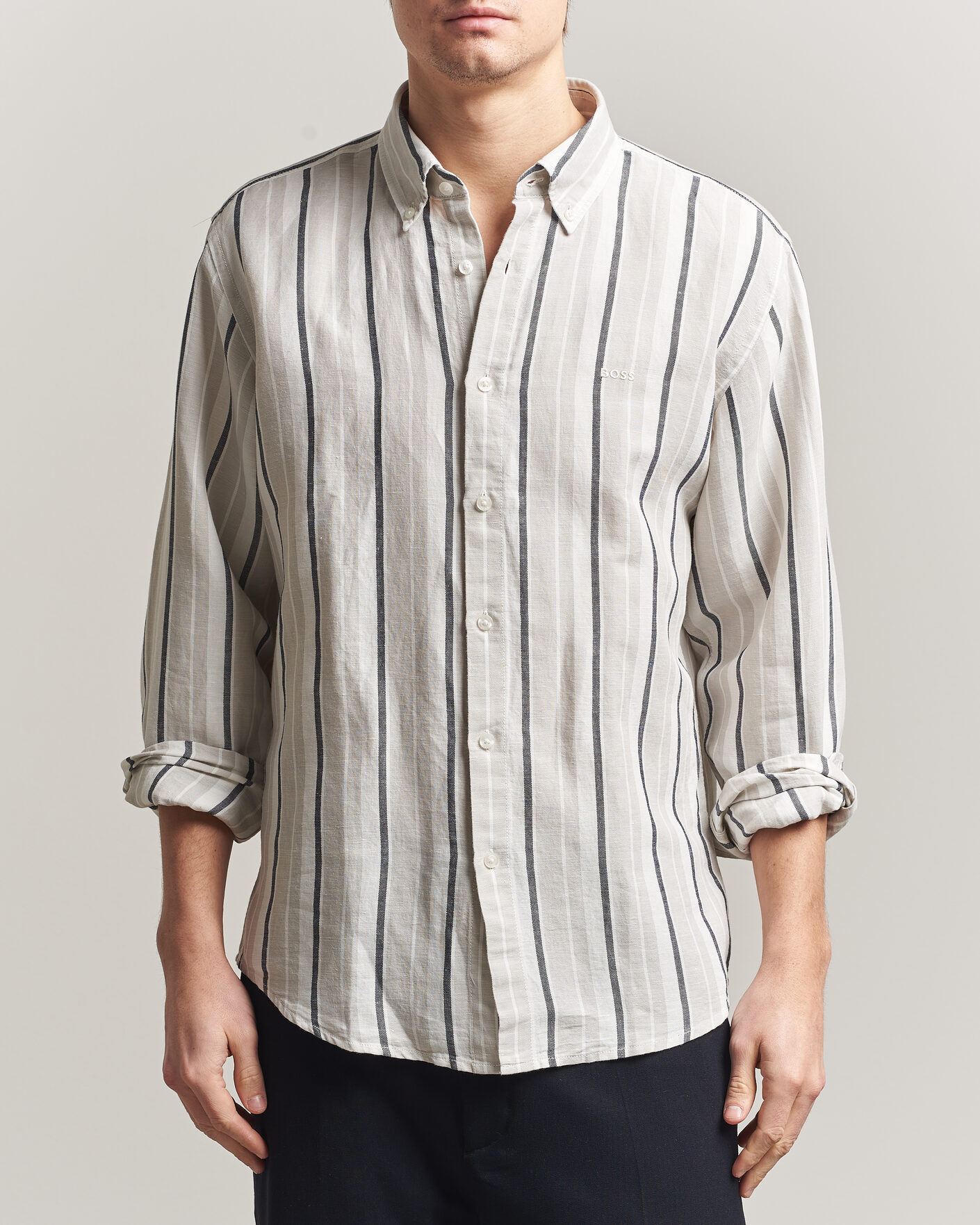 Herr | Skjortor | BOSS ORANGE | Ricoplus Linen/Cotton Striped Shirt Beige