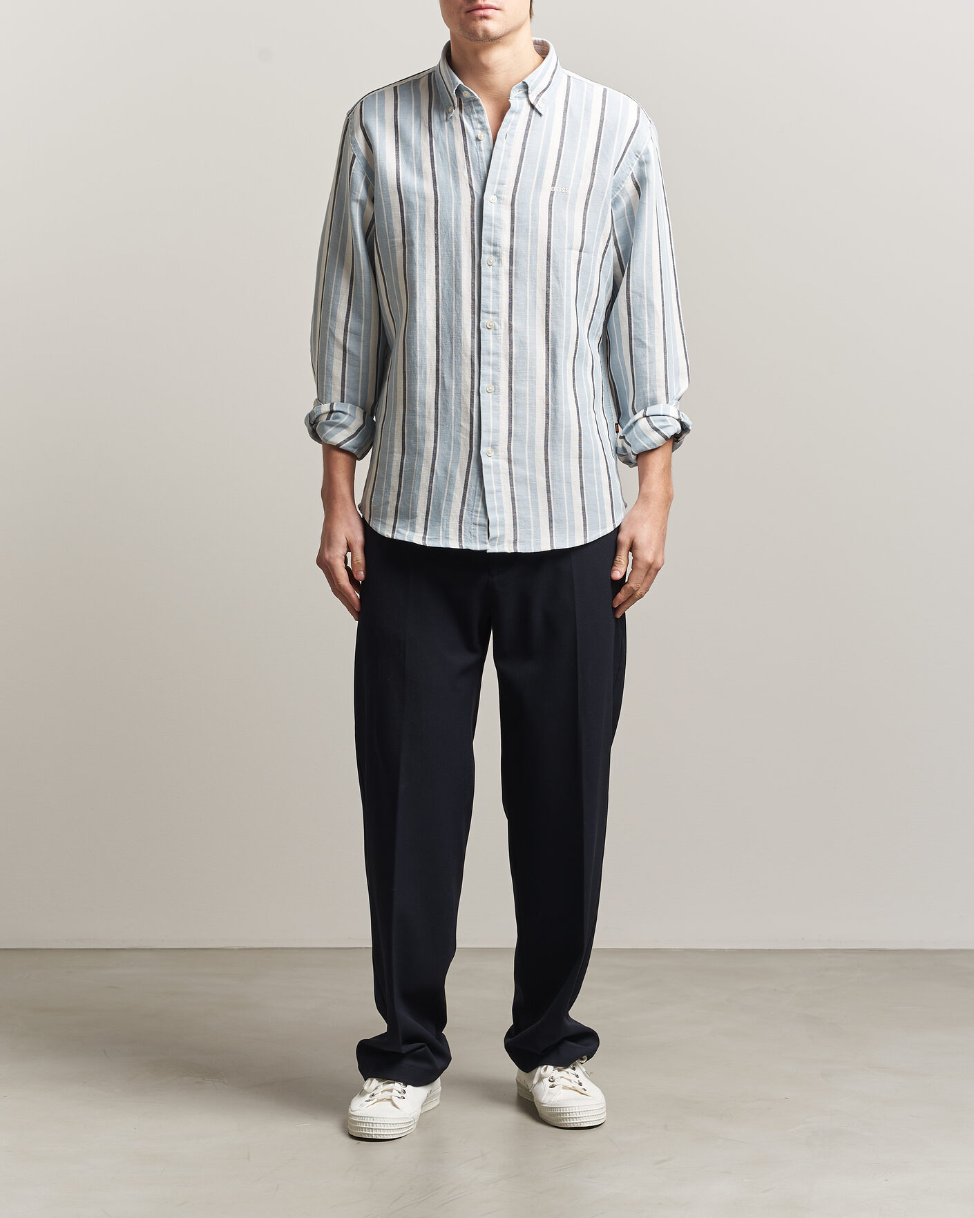 Herr | Skjortor | BOSS ORANGE | Ricoplus Linen/Cotton Striped Shirt Light Blue