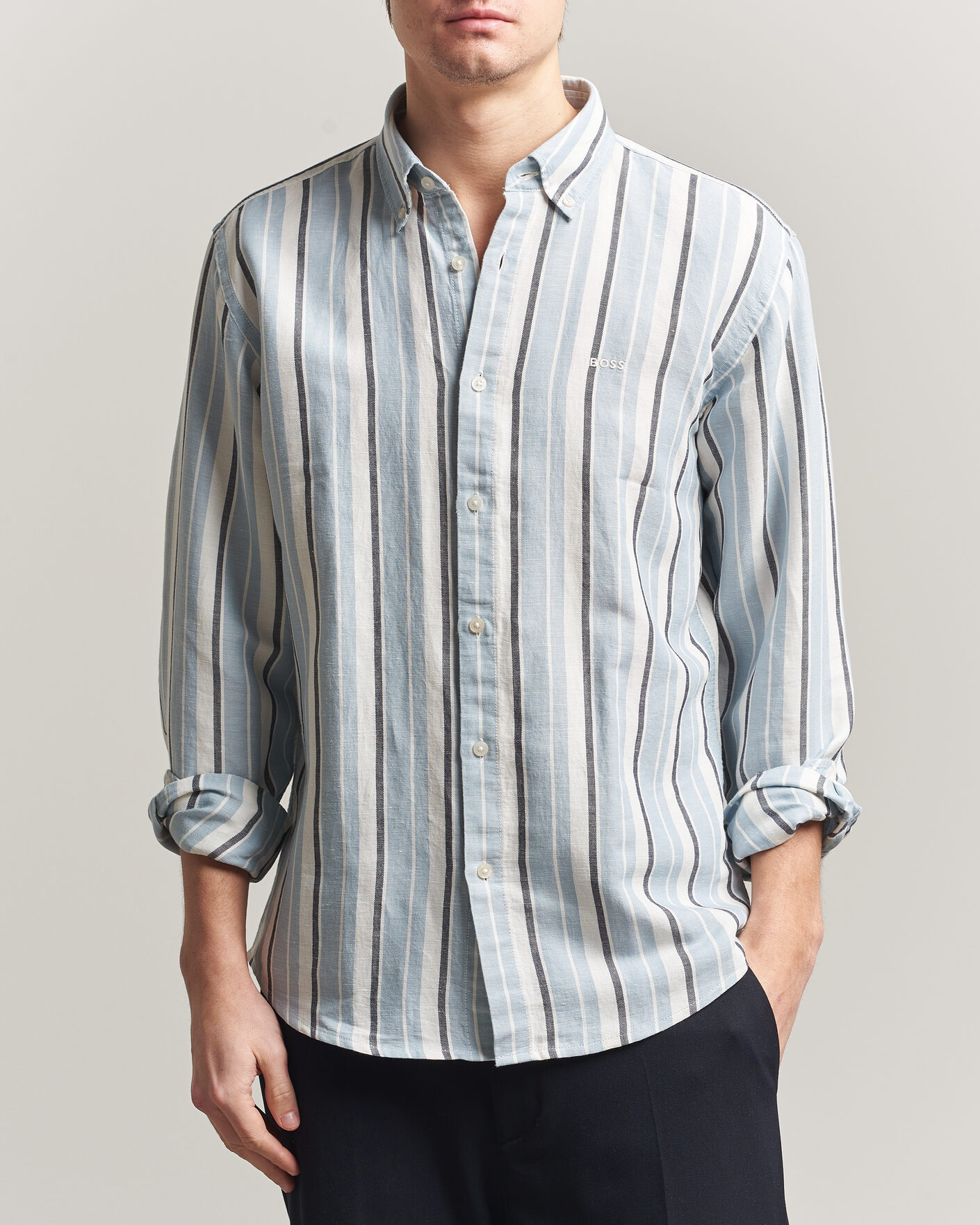 Herr | Skjortor | BOSS ORANGE | Ricoplus Linen/Cotton Striped Shirt Light Blue