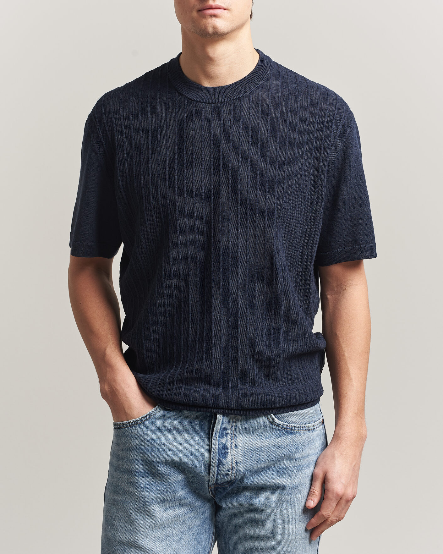 Herr | T-Shirts | BOSS ORANGE | Kajordino Linen/Cotton Knitted T-Shirt Dark Blue