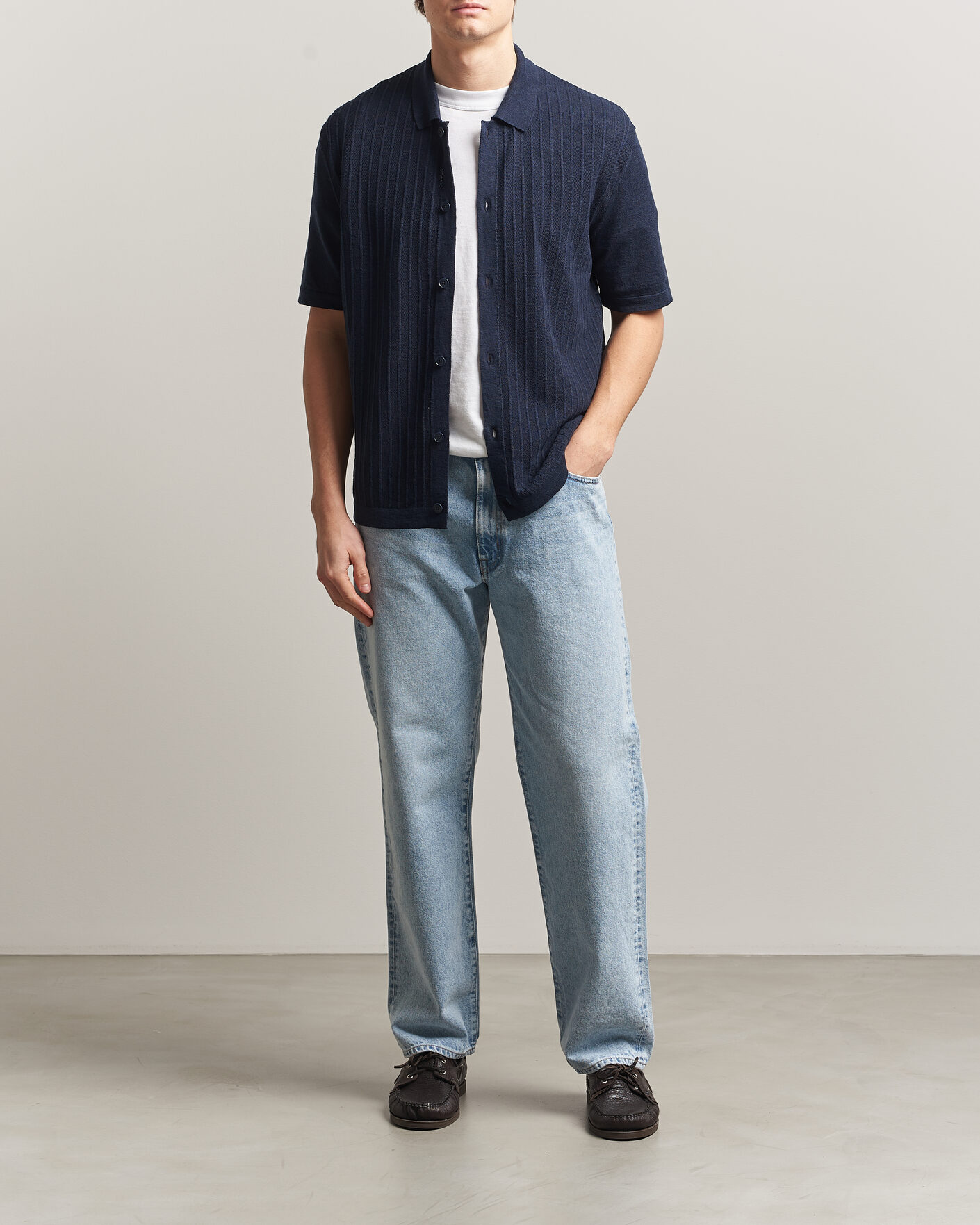 Herr | Skjortor | BOSS ORANGE | Amicino Linen/Cotton Knitted Shirt Dark Blue