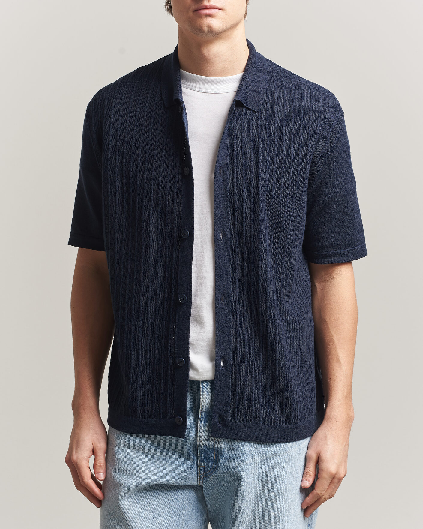 Herr | Skjortor | BOSS ORANGE | Amicino Linen/Cotton Knitted Shirt Dark Blue