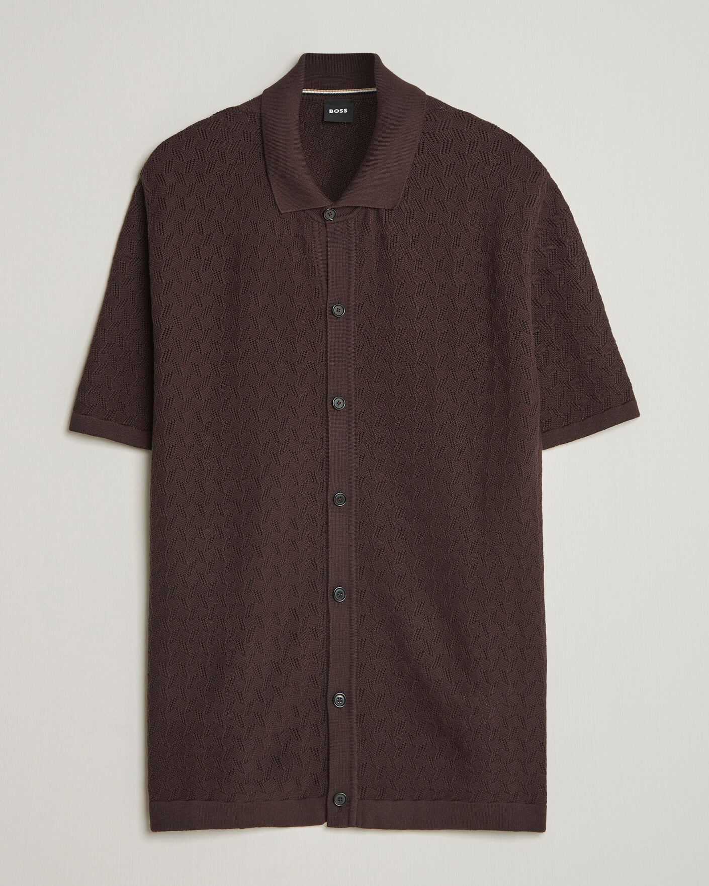 Herr | Skjortor | BOSS BLACK | Nappo Knitted Short Sleeve Shirt Dark Brown