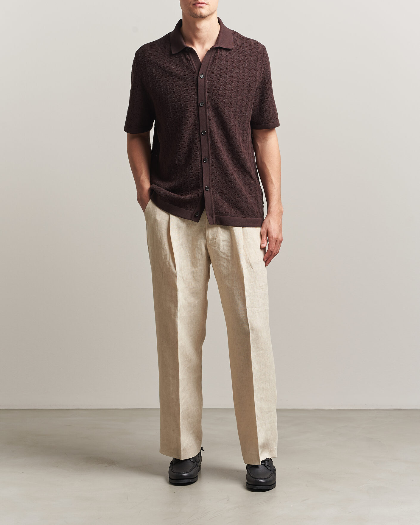 Herr | Skjortor | BOSS BLACK | Nappo Knitted Short Sleeve Shirt Dark Brown