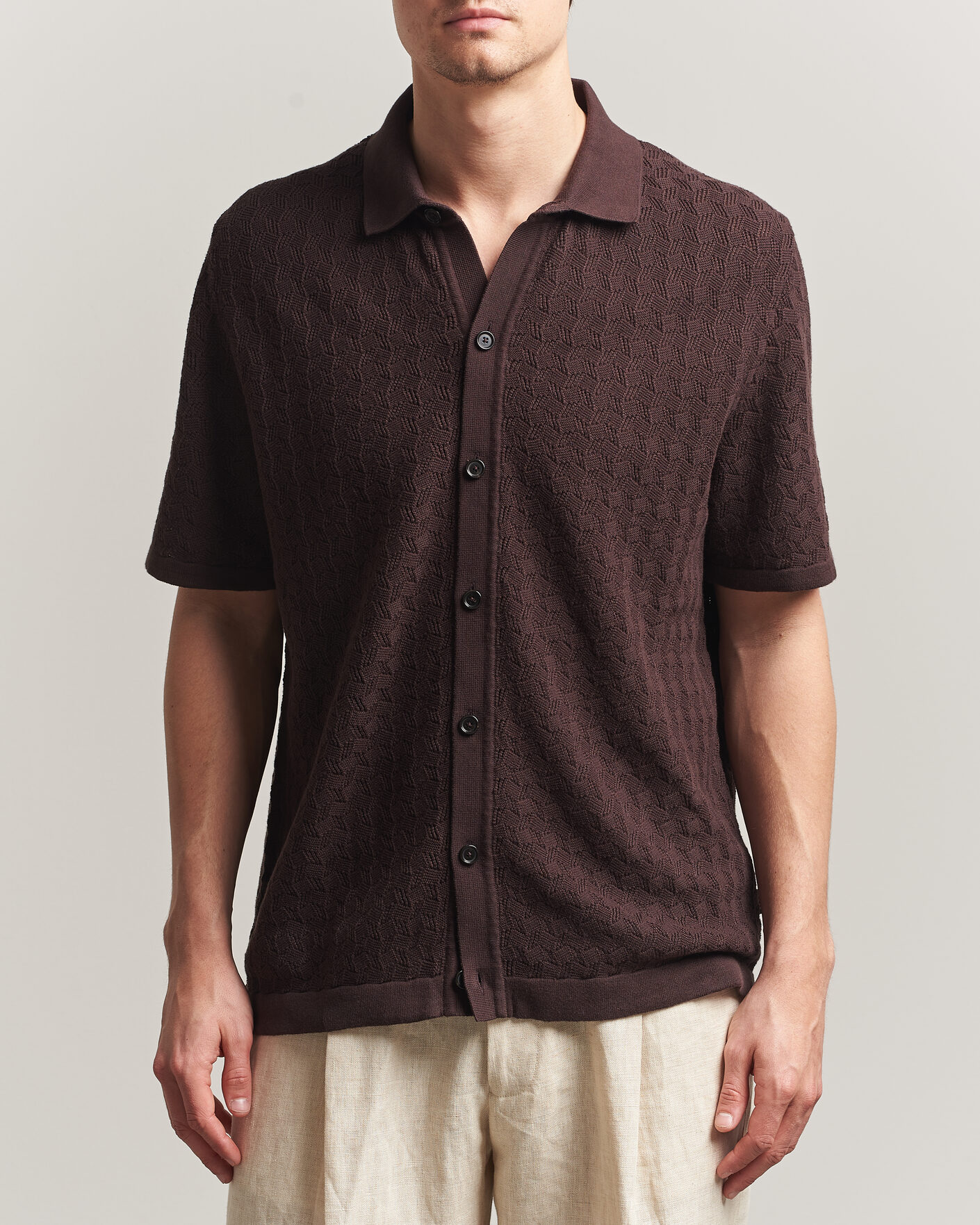 Herr | Skjortor | BOSS BLACK | Nappo Knitted Short Sleeve Shirt Dark Brown
