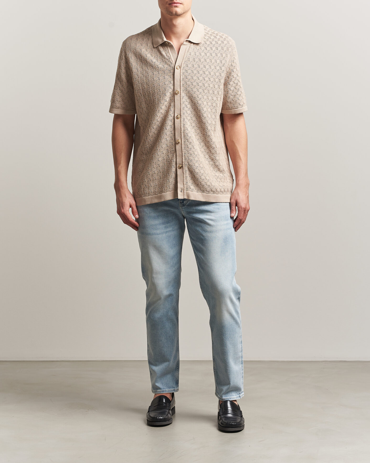 Herr | Skjortor | BOSS BLACK | Nappo Knitted Short Sleeve Shirt Open Beige