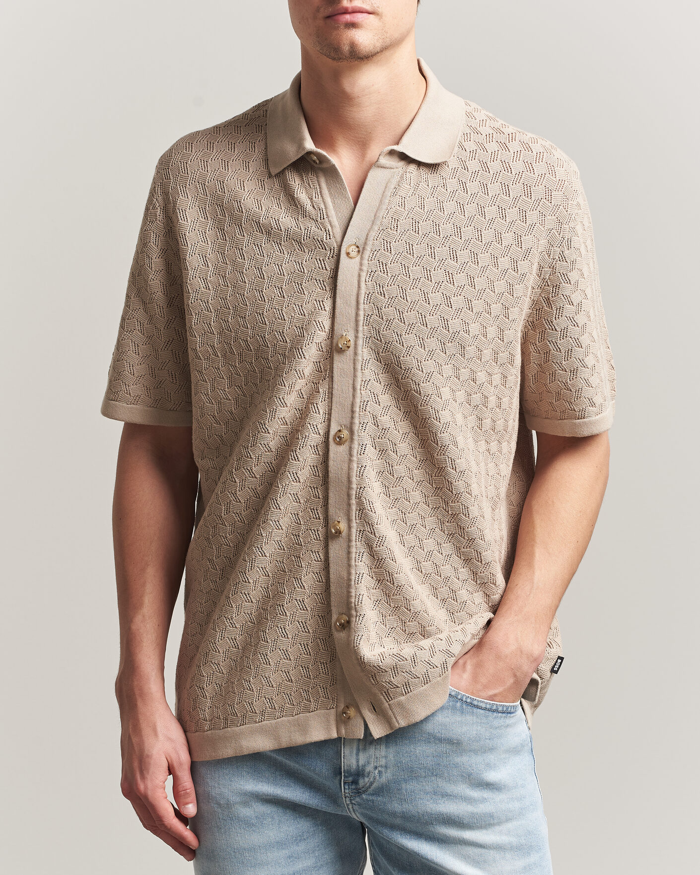 Herr | Skjortor | BOSS BLACK | Nappo Knitted Short Sleeve Shirt Open Beige