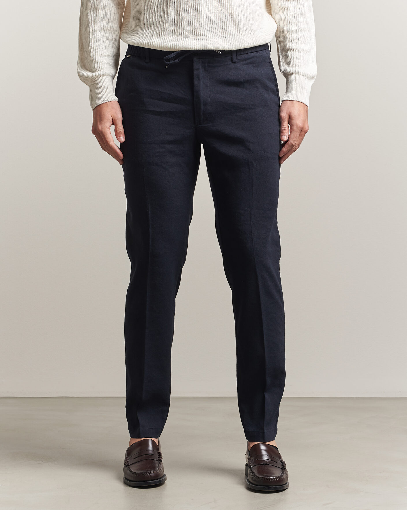 Herr | Byxor | BOSS BLACK | Kane Linen Drawstring Trousers Dark Blue