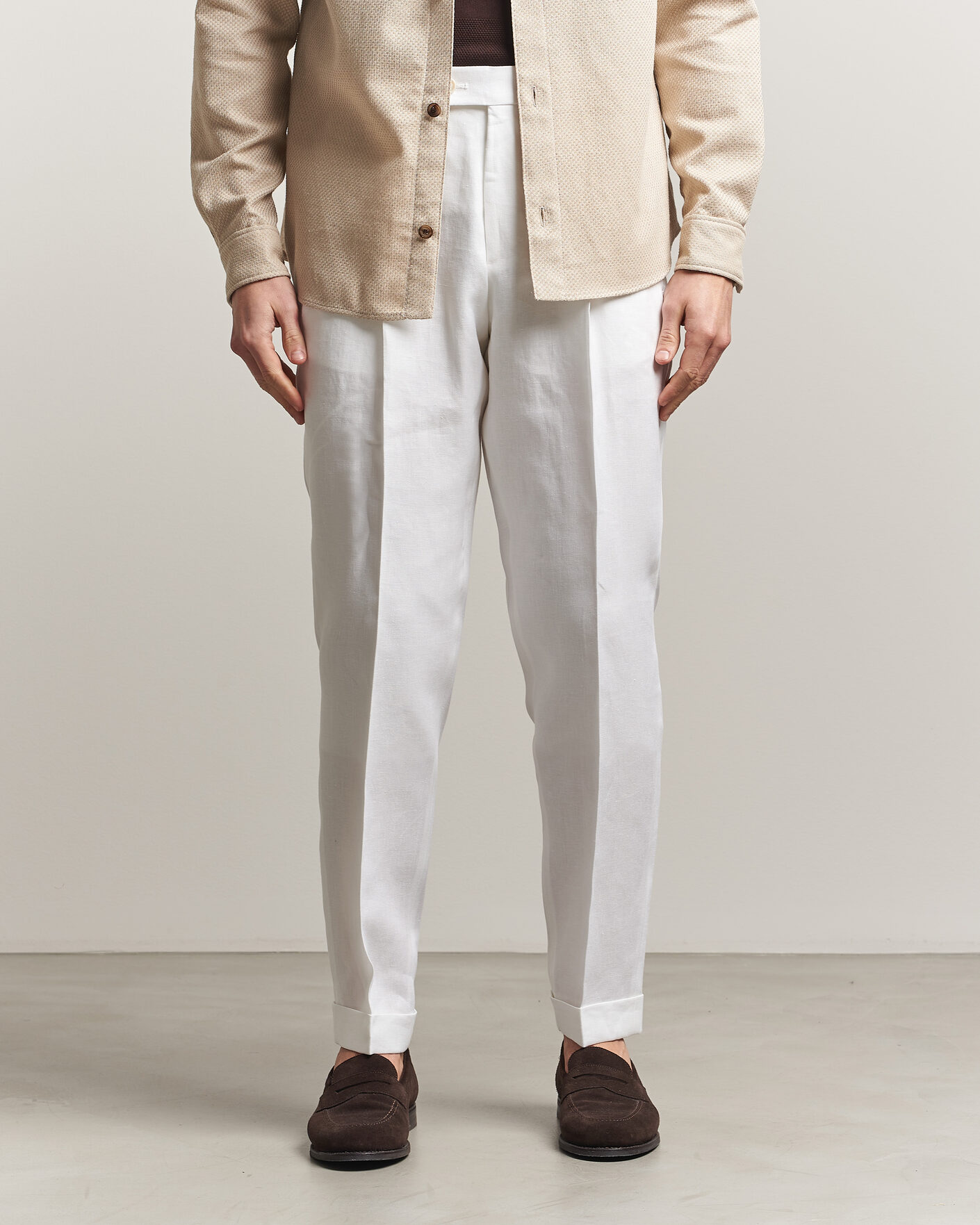 Herr | Byxor | BOSS CAMEL | Peet Linen Pleated Trousers White