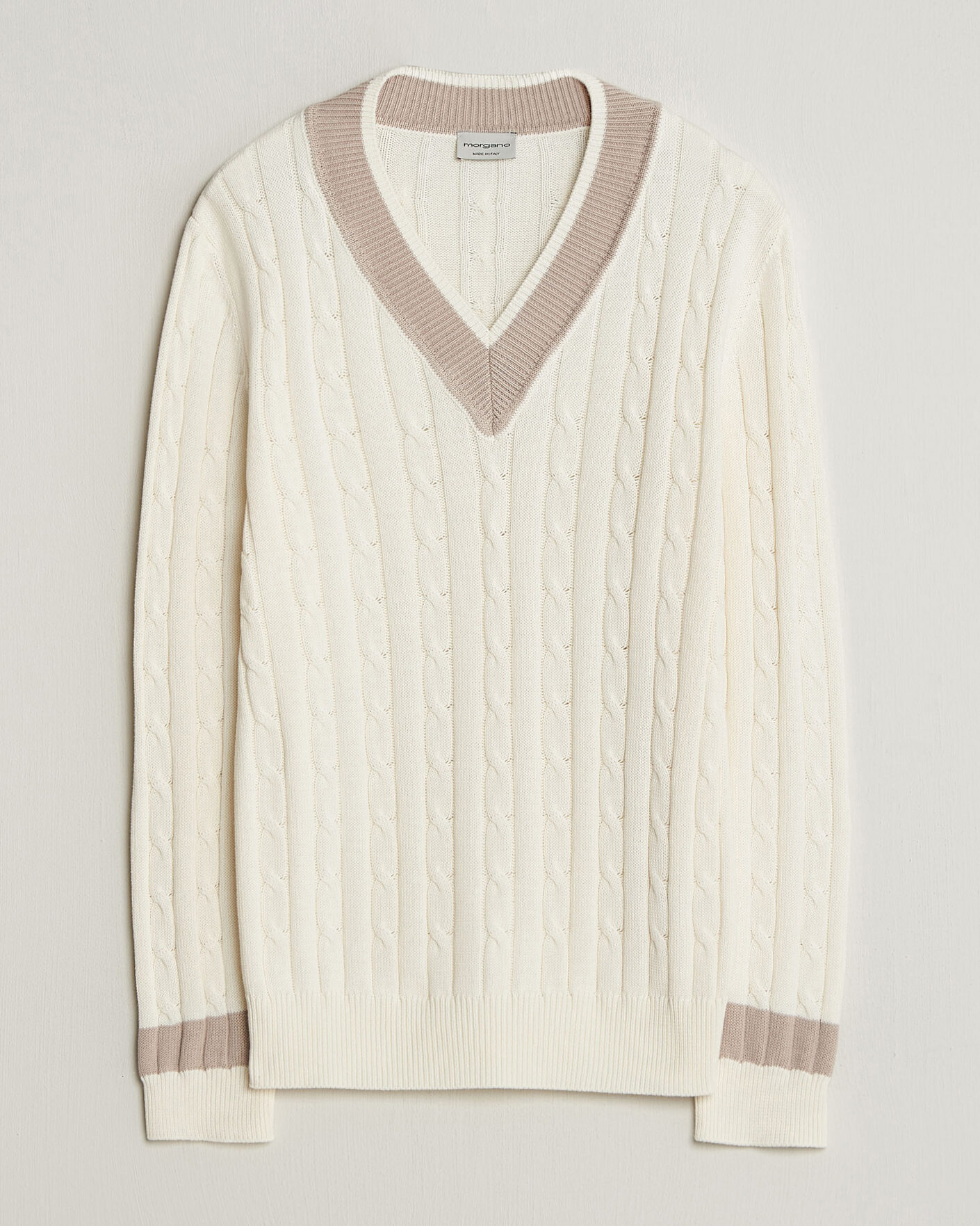 Herr | Tröjor | Morgano | Cable Knitted Cotton V-Neck White/Beige