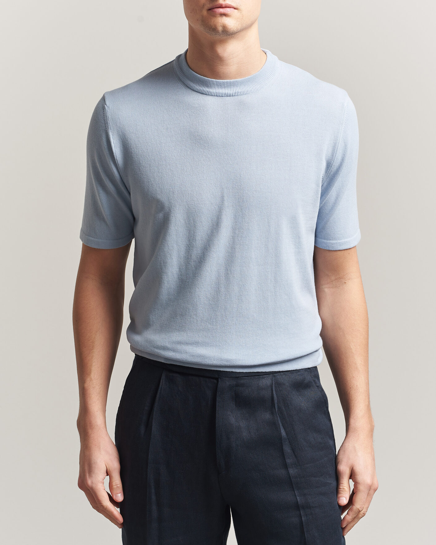 Herr | T-Shirts | Morgano | Knitted Cotton Crepe T-Shirt Light Blue