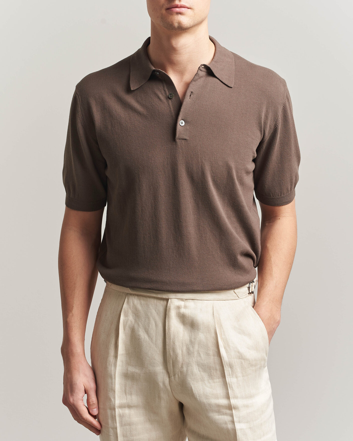 Herr | Pikéer | Morgano | Knitted Cotton Crepe Polo Brown