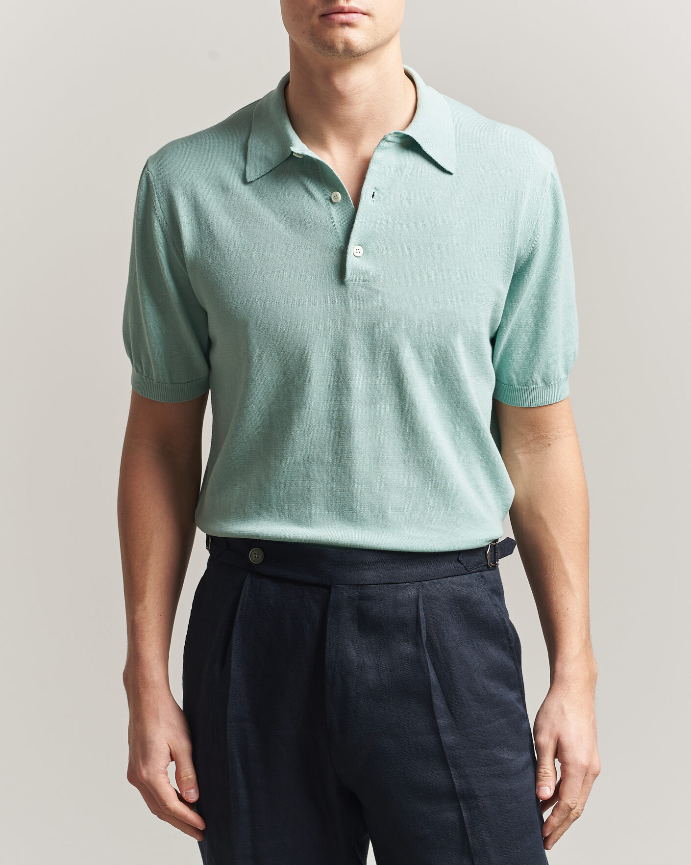 Herr | Pikéer | Morgano | Knitted Cotton Crepe Polo Light Green