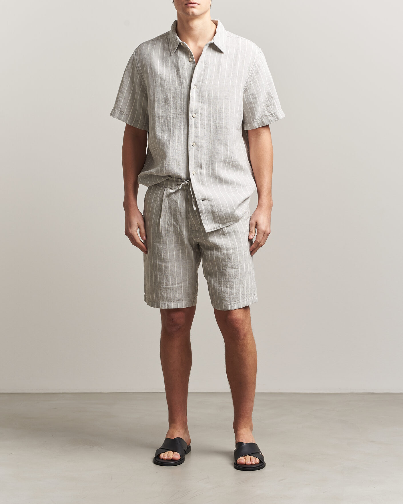 Herr | Skjortor | KnowledgeCotton Apparel | Striped Linen Resort Shirt Grey