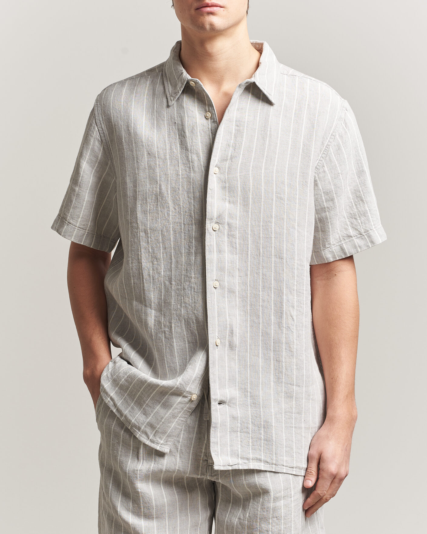 Herr | Skjortor | KnowledgeCotton Apparel | Striped Linen Resort Shirt Grey