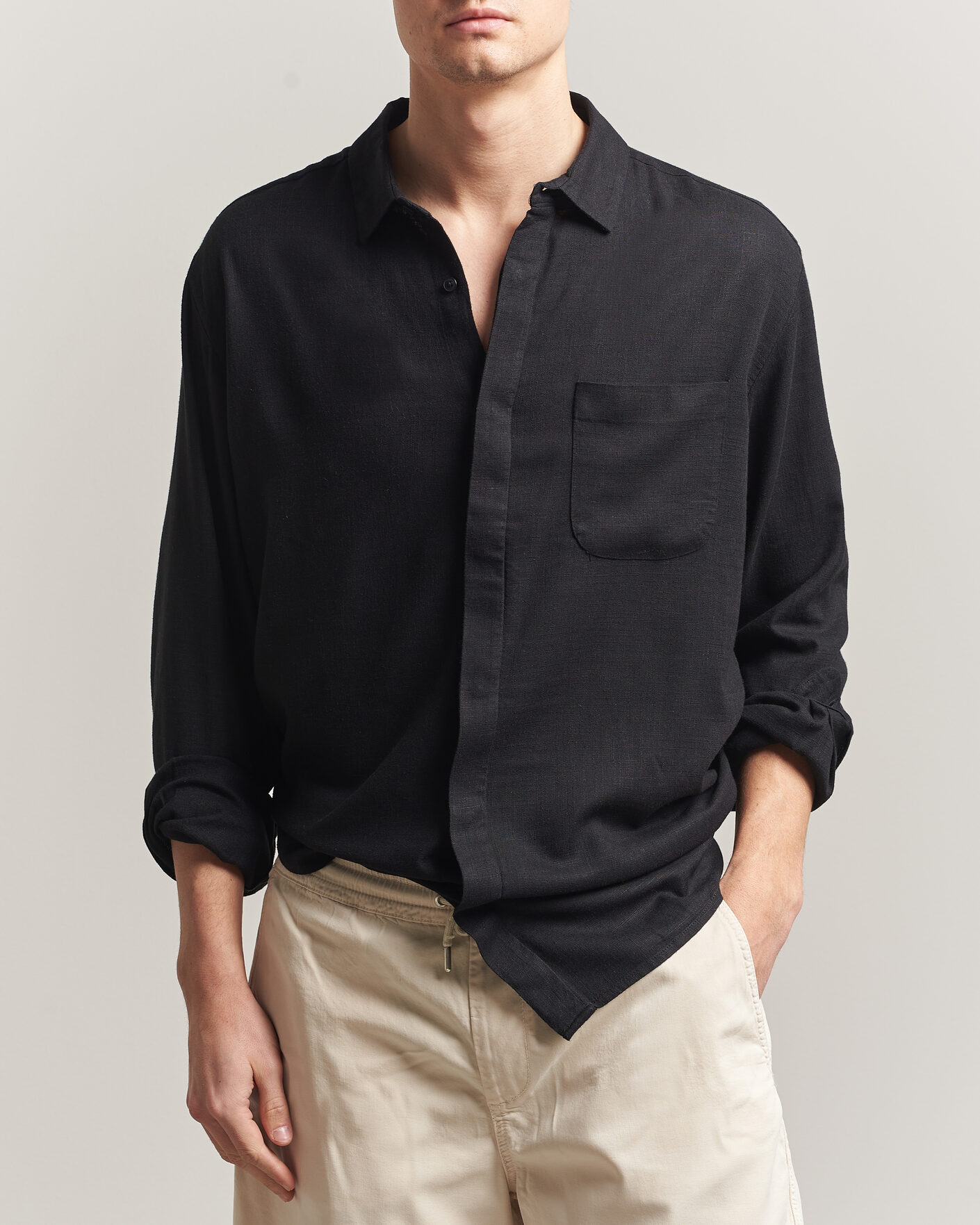 Herr | Skjortor | KnowledgeCotton Apparel | Linen/Lycell Relaxed Long Sleeve Shirt Black