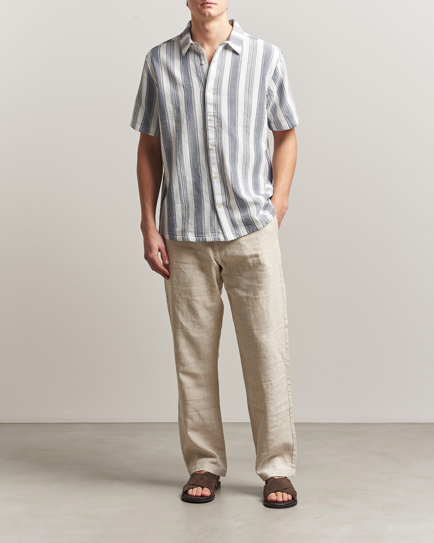 Herr | Skjortor | KnowledgeCotton Apparel | Box Short Sleeve Stripe Shirt Blue Stripe