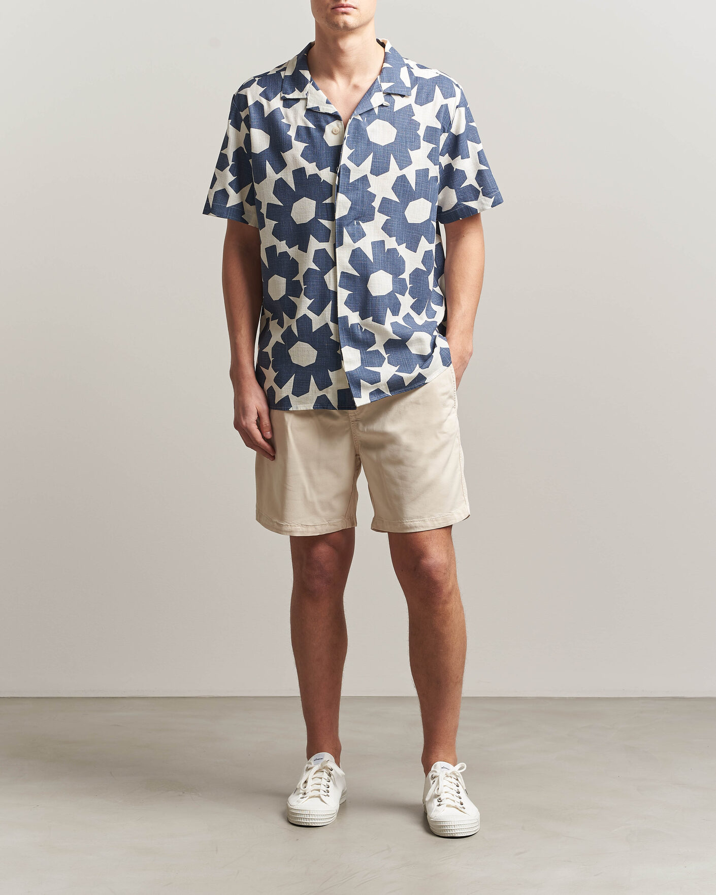 Herr | Skjortor | KnowledgeCotton Apparel | Printed Linen Mix Shirt Blue