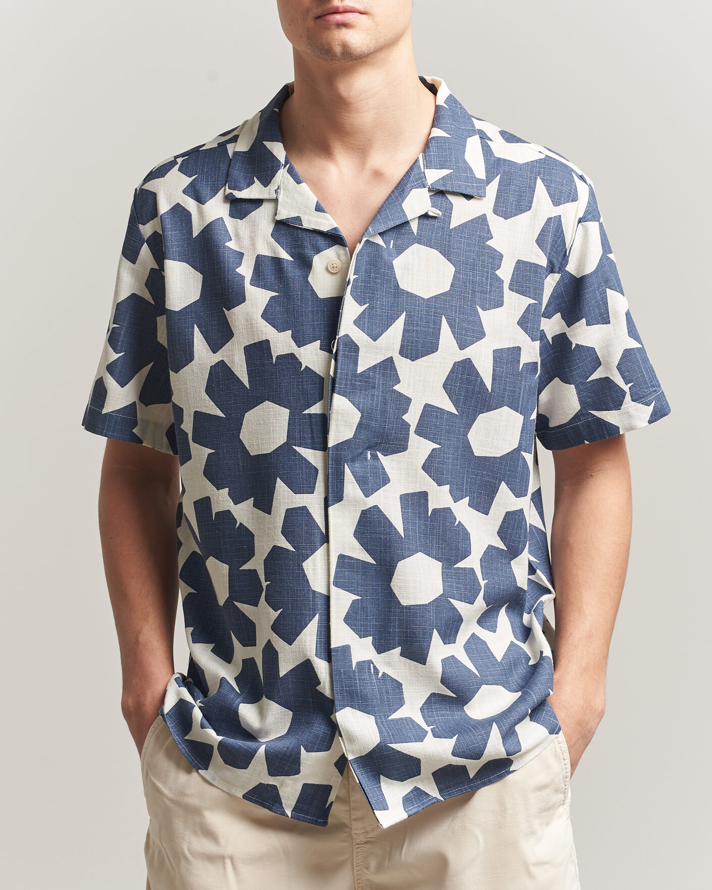 Herr | Skjortor | KnowledgeCotton Apparel | Printed Linen Mix Shirt Blue