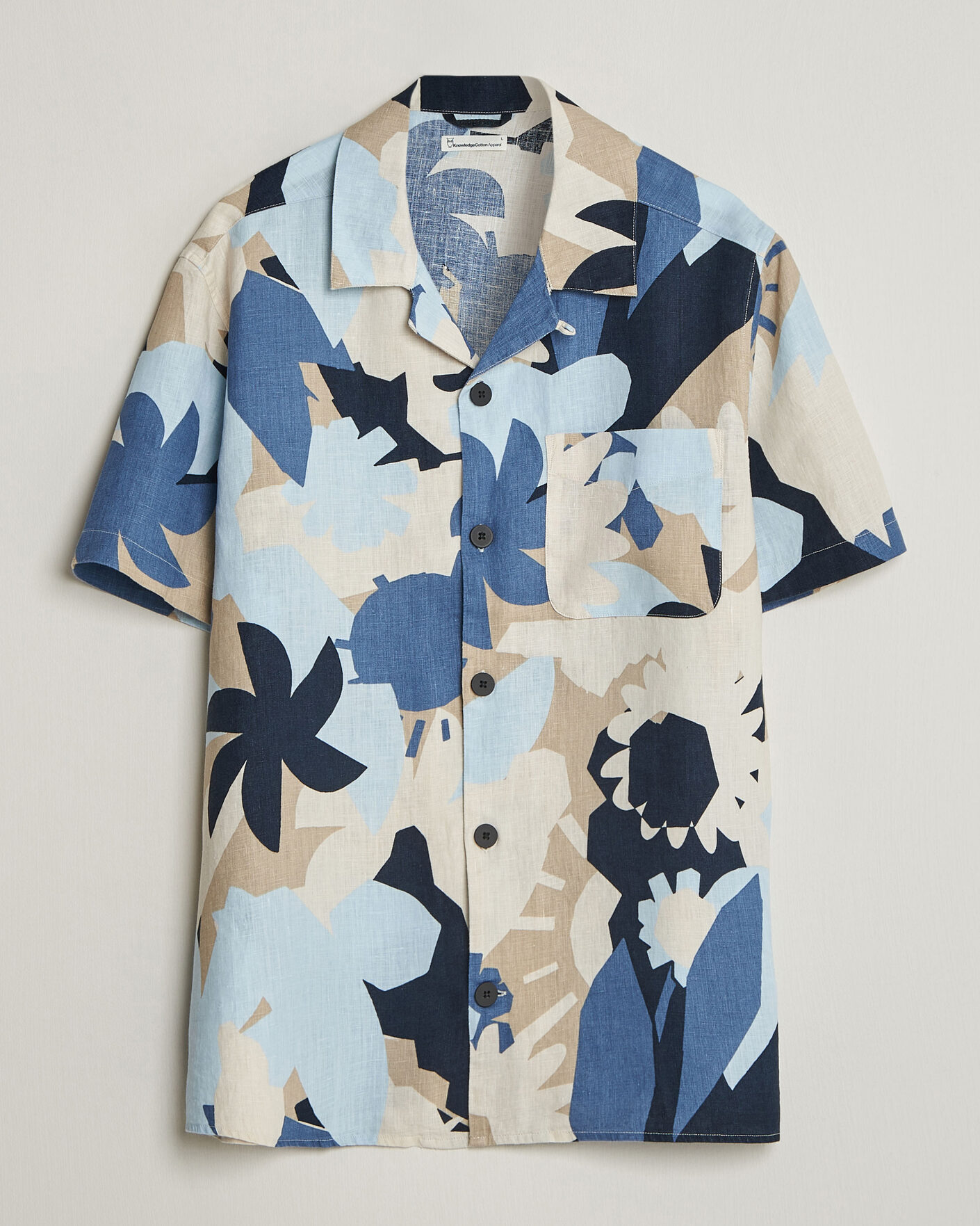 Herr | Skjortor | KnowledgeCotton Apparel | Relaxed Printed Linen Short Sleeve Shirt Blue