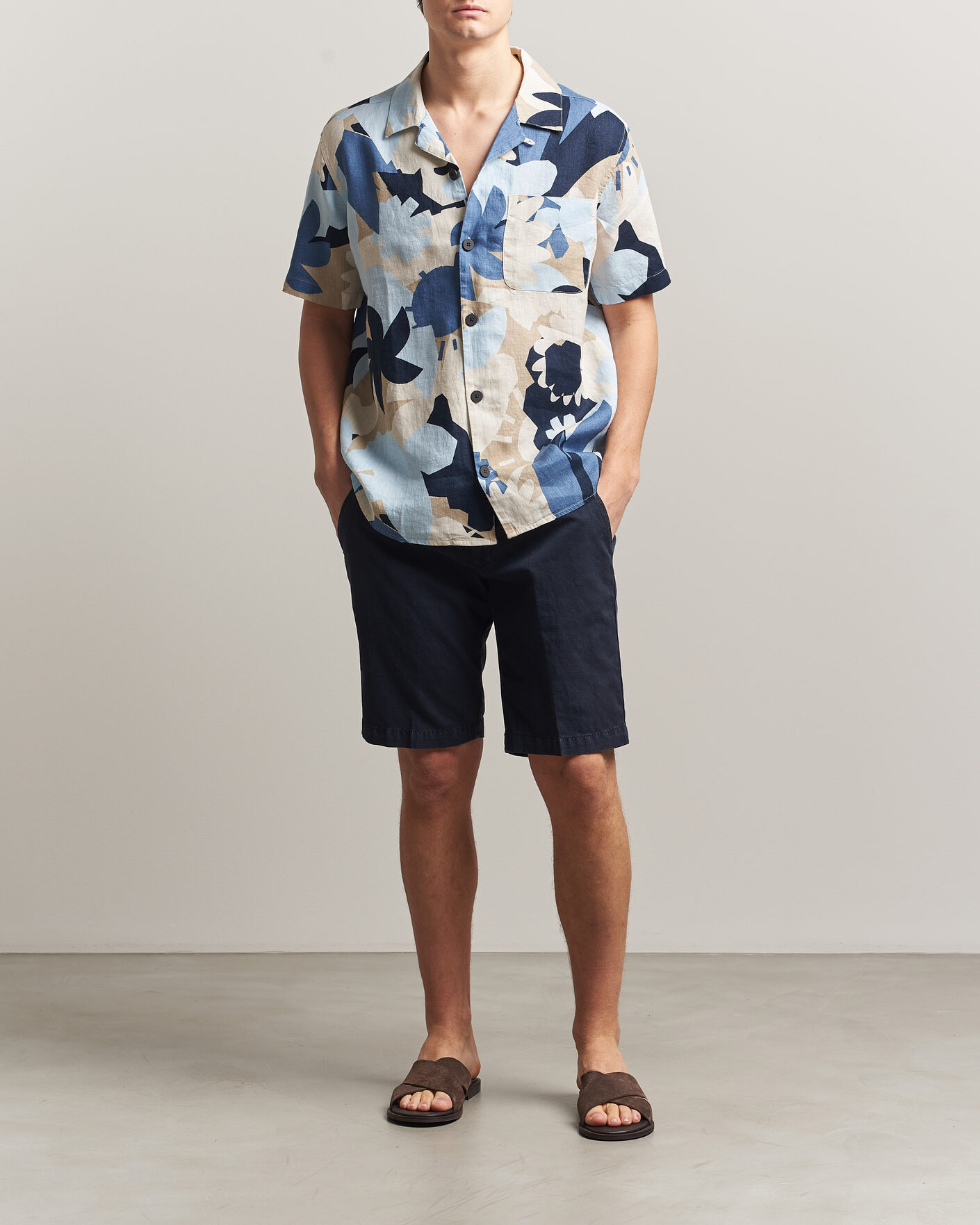 Herr | Skjortor | KnowledgeCotton Apparel | Relaxed Printed Linen Short Sleeve Shirt Blue