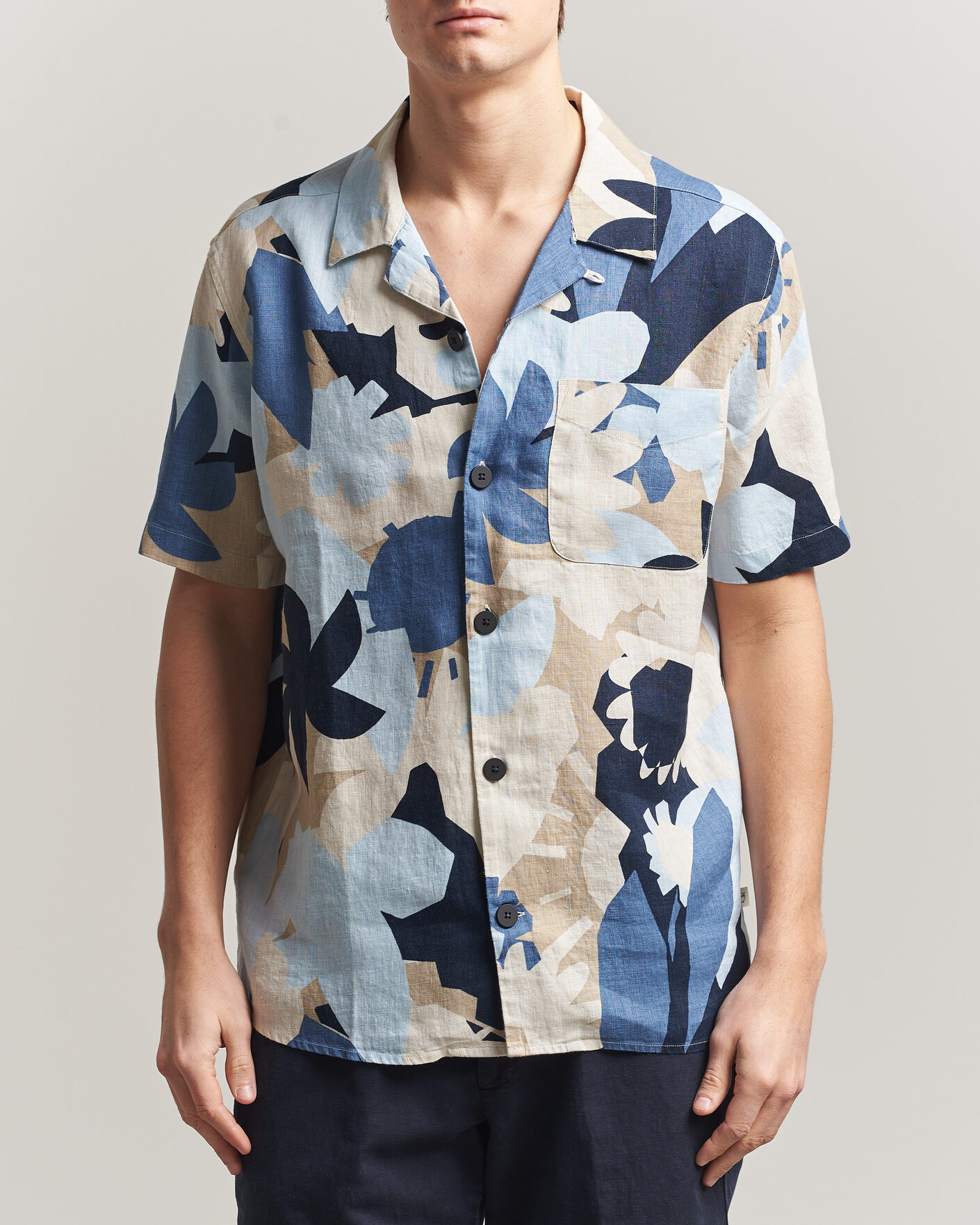 Herr | Skjortor | KnowledgeCotton Apparel | Relaxed Printed Linen Short Sleeve Shirt Blue